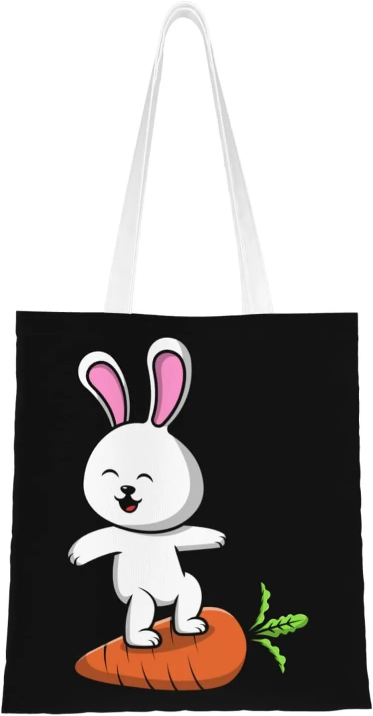 Cute Rabbit Stepping on a Carrot Tote Bag for Women Canvas Shopping Bags Reusable Large Capacity Casual Shoulder Handbags Grocery Bags DIY Gift Bags