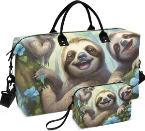 Cute Smiling Sloths Duffle Bag for Travel Toiletry Bag Set of 2, Print Women Small Duffle Bag Weekender Bag