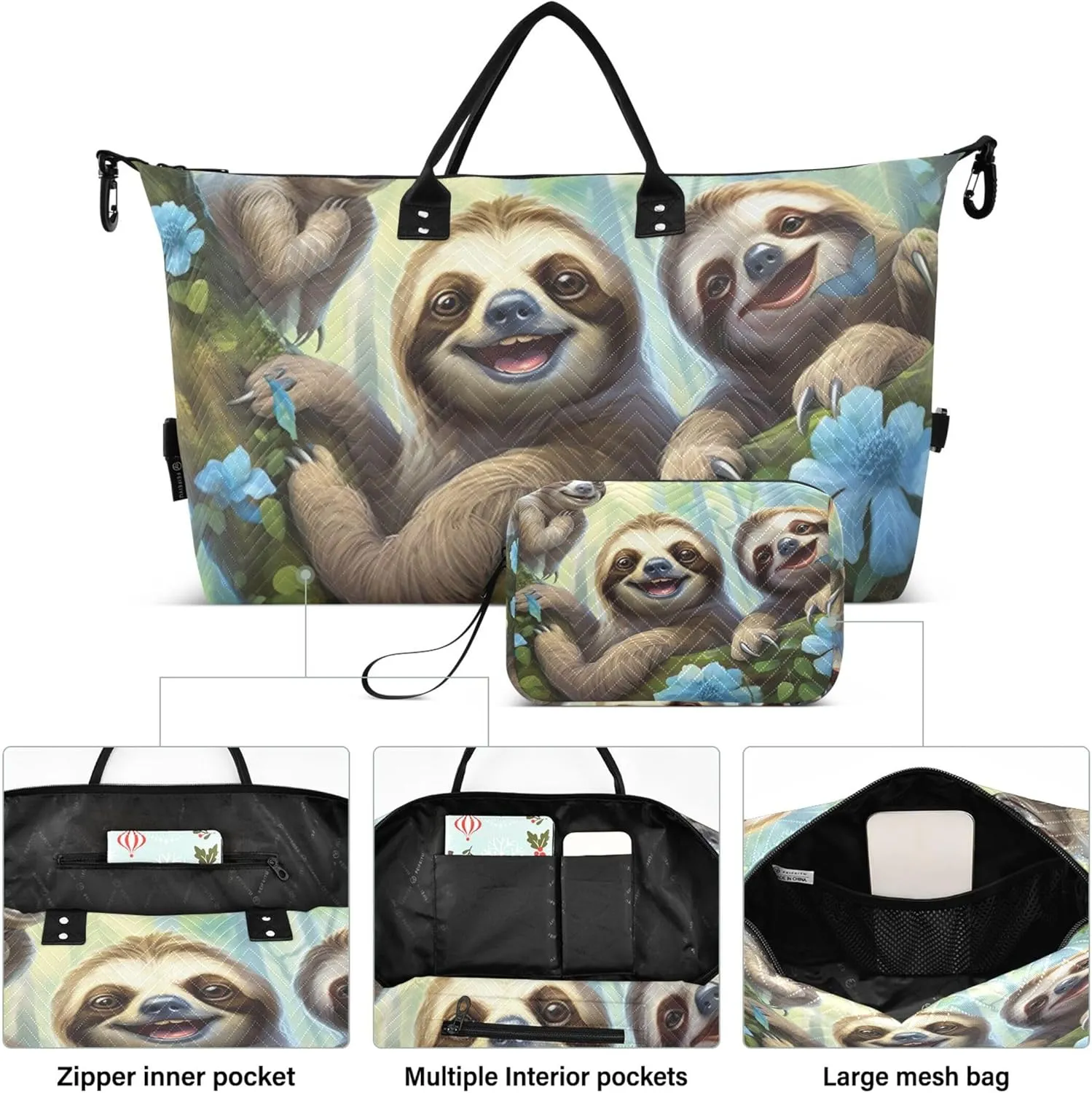 Cute Smiling Sloths Duffle Bag for Travel Toiletry Bag Set of 2, Print Women Small Duffle Bag Weekender Bag