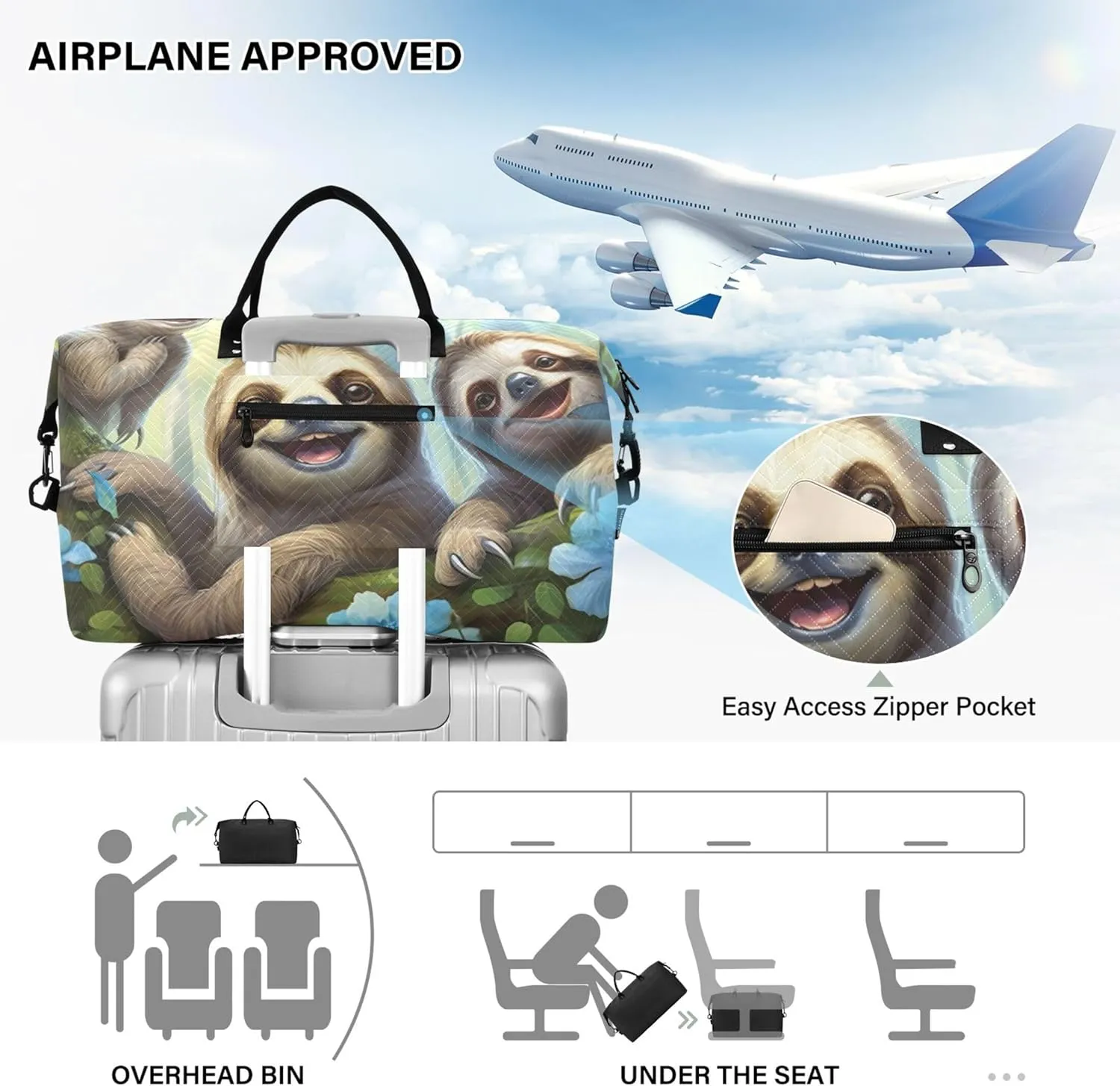 Cute Smiling Sloths Duffle Bag for Travel Toiletry Bag Set of 2, Print Women Small Duffle Bag Weekender Bag