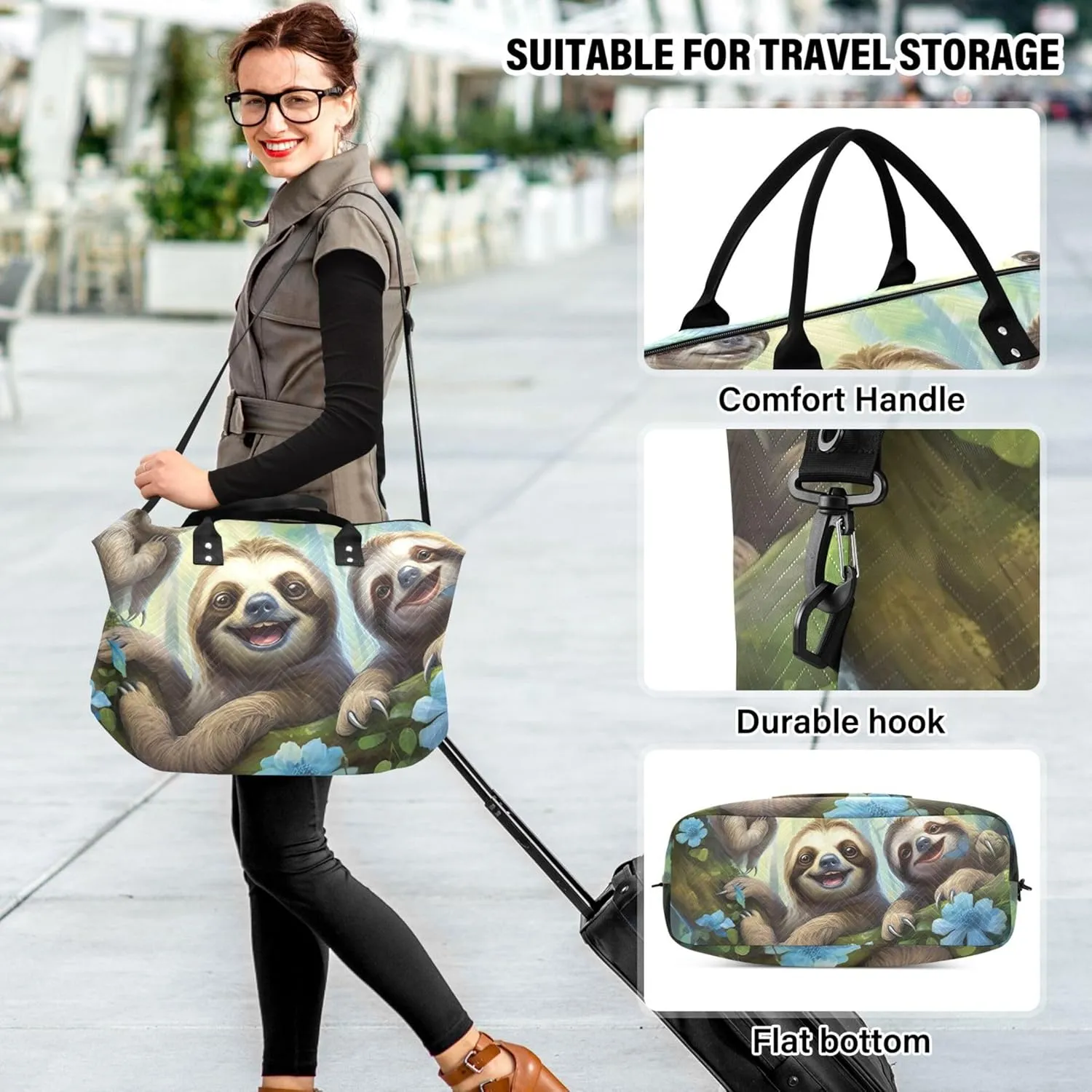 Cute Smiling Sloths Duffle Bag for Travel Toiletry Bag Set of 2, Print Women Small Duffle Bag Weekender Bag