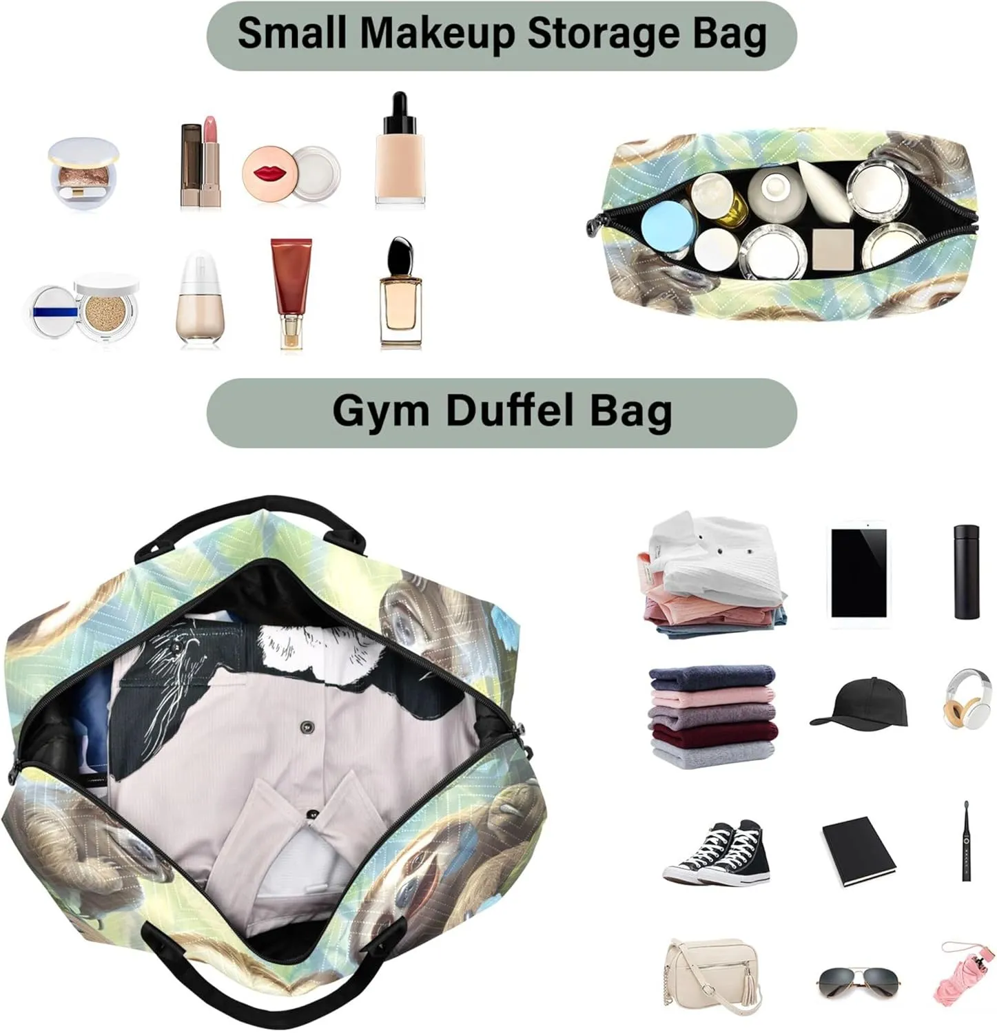Cute Smiling Sloths Duffle Bag for Travel Toiletry Bag Set of 2, Print Women Small Duffle Bag Weekender Bag