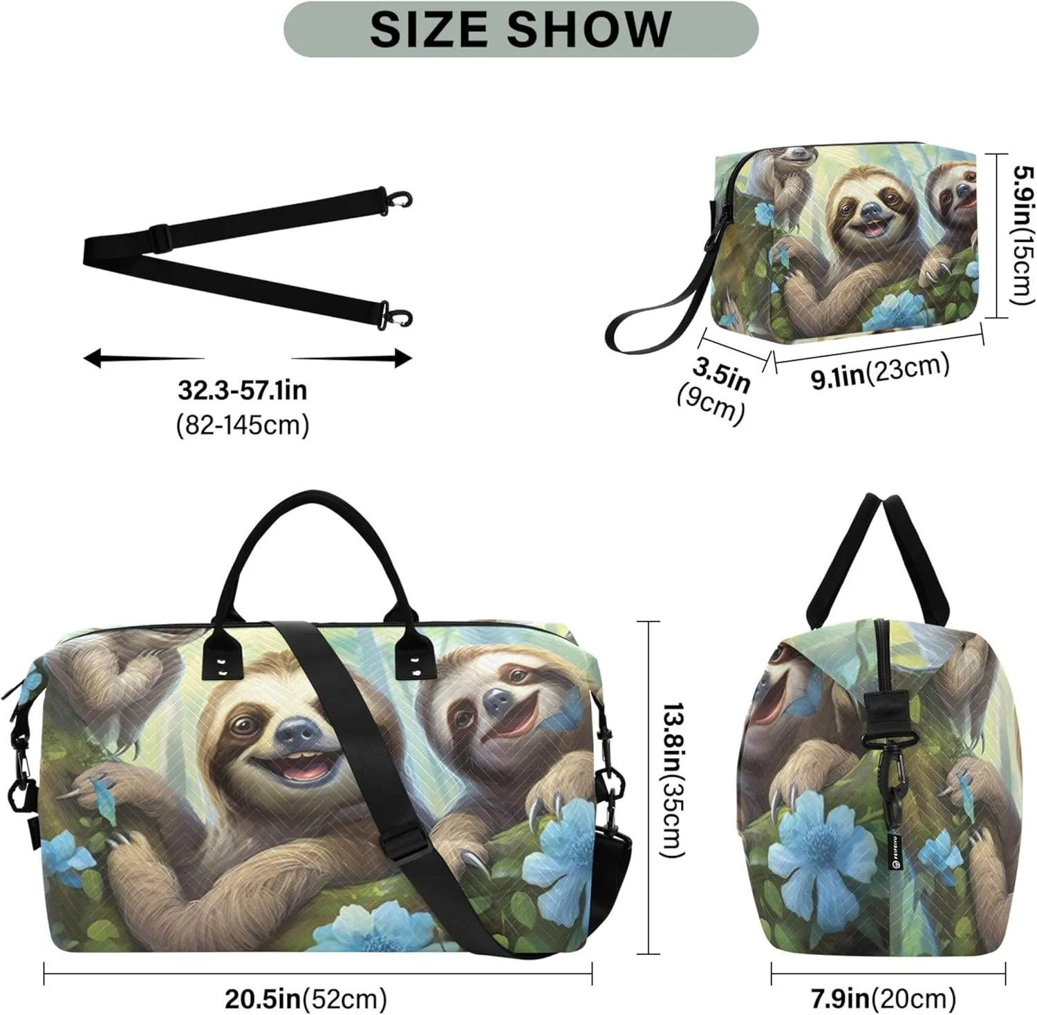 Cute Smiling Sloths Duffle Bag for Travel Toiletry Bag Set of 2, Print Women Small Duffle Bag Weekender Bag