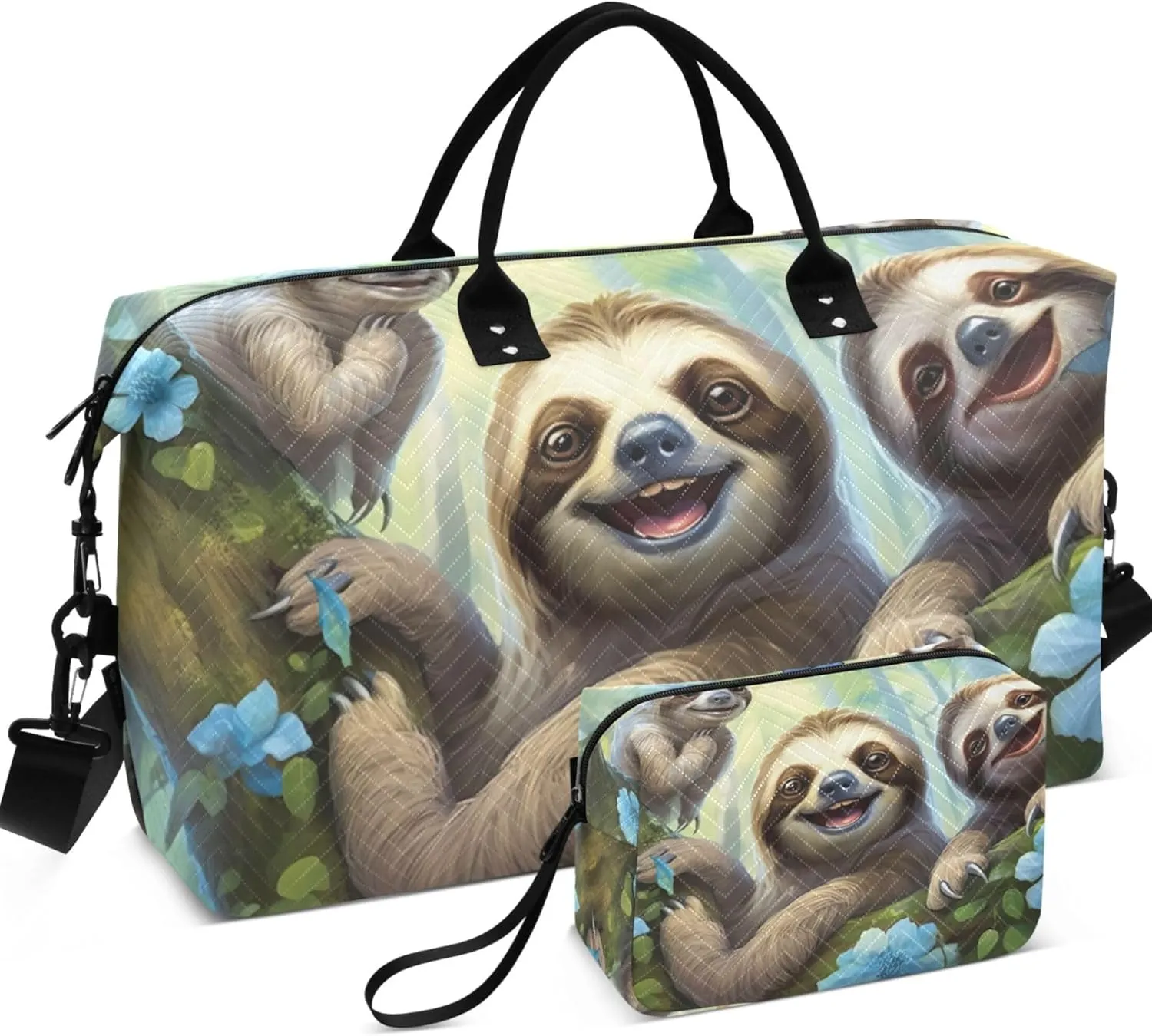 Cute Smiling Sloths Duffle Bag for Travel Toiletry Bag Set of 2, Print Women Small Duffle Bag Weekender Bag