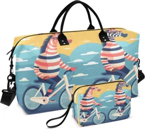 Cycling Zebra Travel Duffel Bags with Toiletry Bag and Adjustable Strap for Travel Gym Yoga