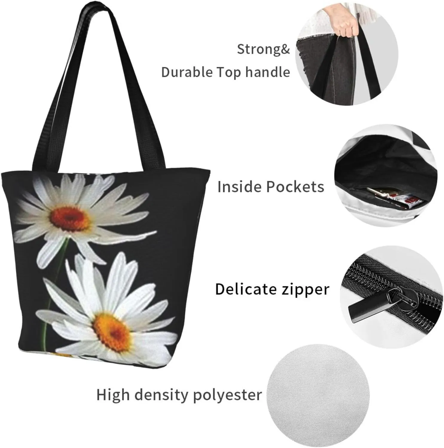 D-aisy Tote Shopping Bag, Hobo Bag Casual Handbag Large Capacity Shopping Work Bag. Black