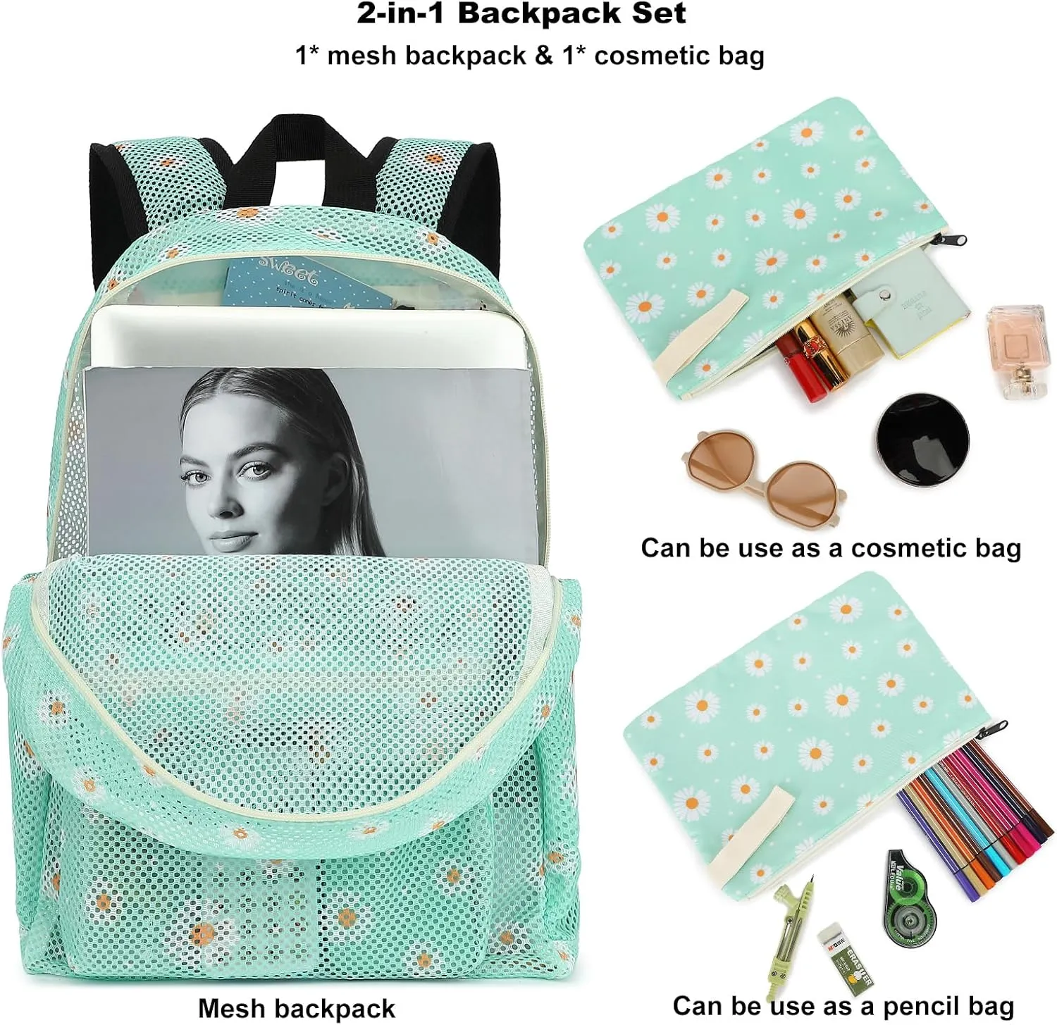 Daisy Mesh Backpack for Girls Women, See Through Casual School College Student Bookbag (Green)