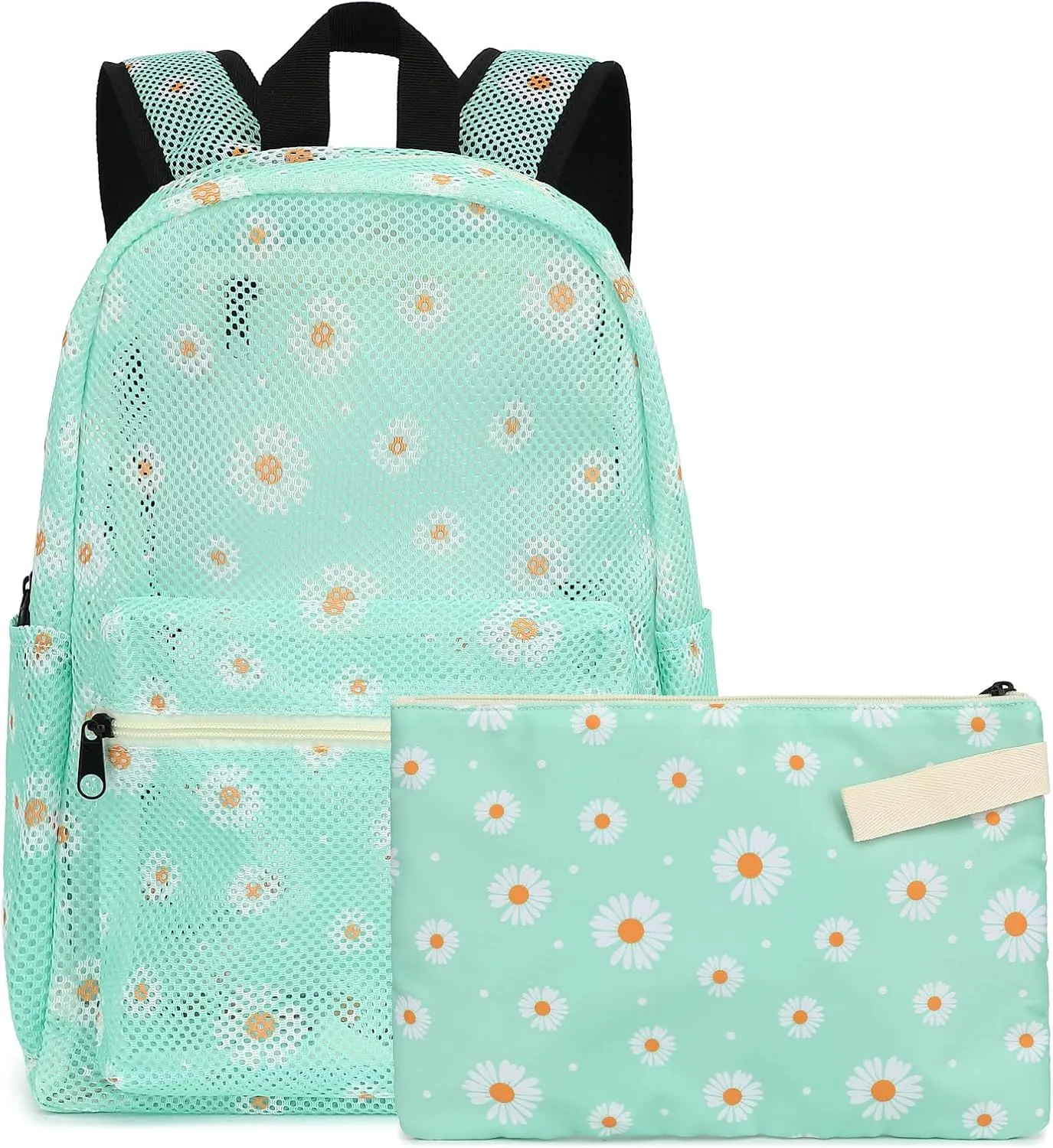 Daisy Mesh Backpack for Girls Women, See Through Casual School College Student Bookbag (Green)