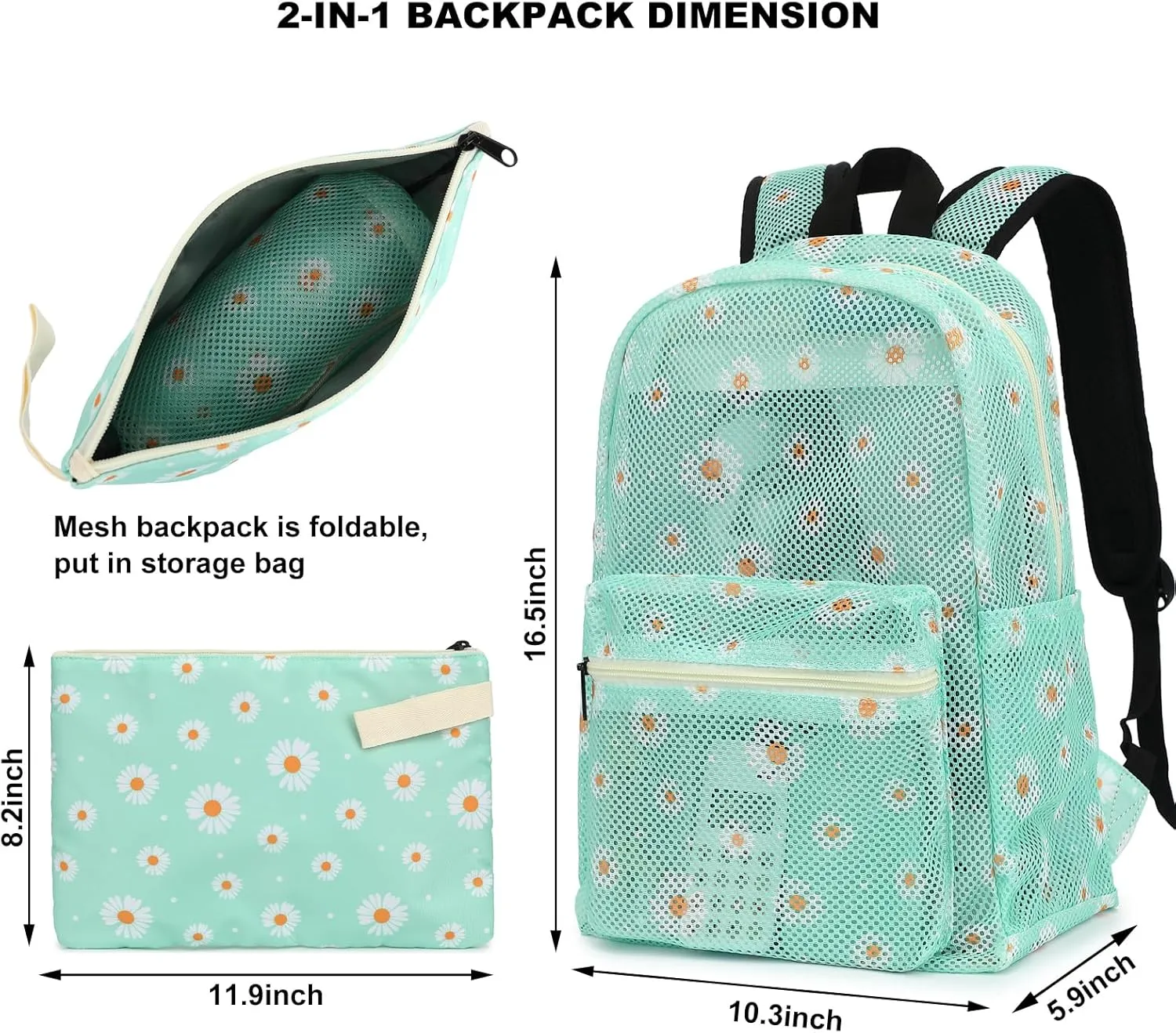 Daisy Mesh Backpack for Girls Women, See Through Casual School College Student Bookbag (Green)