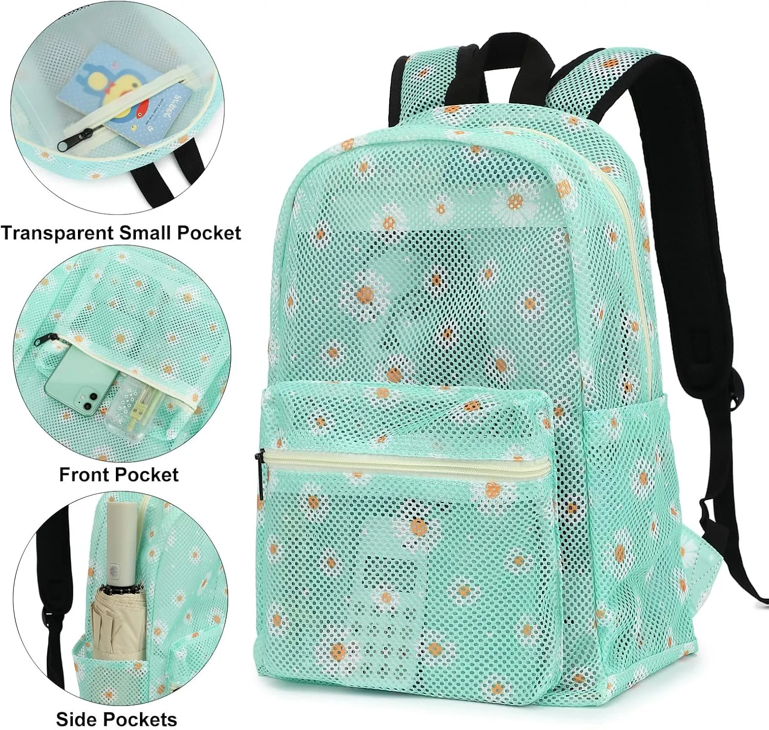 Daisy Mesh Backpack for Girls Women, See Through Casual School College Student Bookbag (Green)