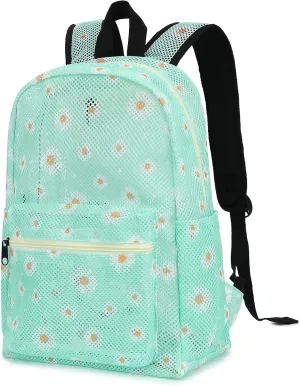 Daisy Mesh Backpack for Girls Women, See Through Casual School College Student Bookbag (Green)