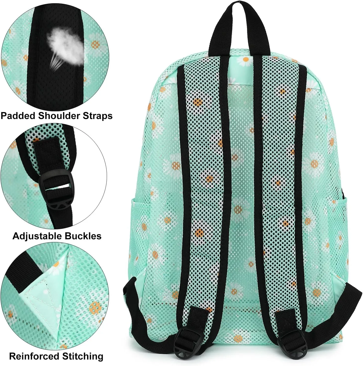 Daisy Mesh Backpack for Girls Women, See Through Casual School College Student Bookbag (Green)
