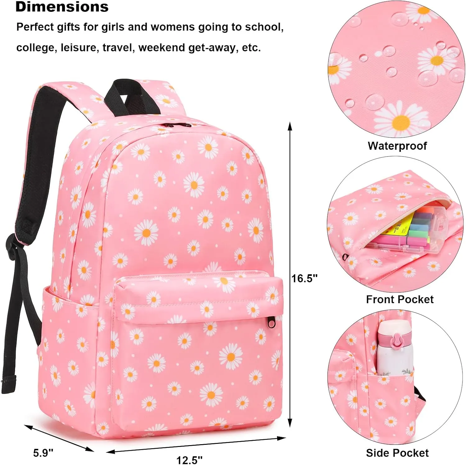 Daisy School Backpack for Girls Womens, School Bags Collge Bookbags Laptop Backpacks for Kids Teens Adults (Pink)