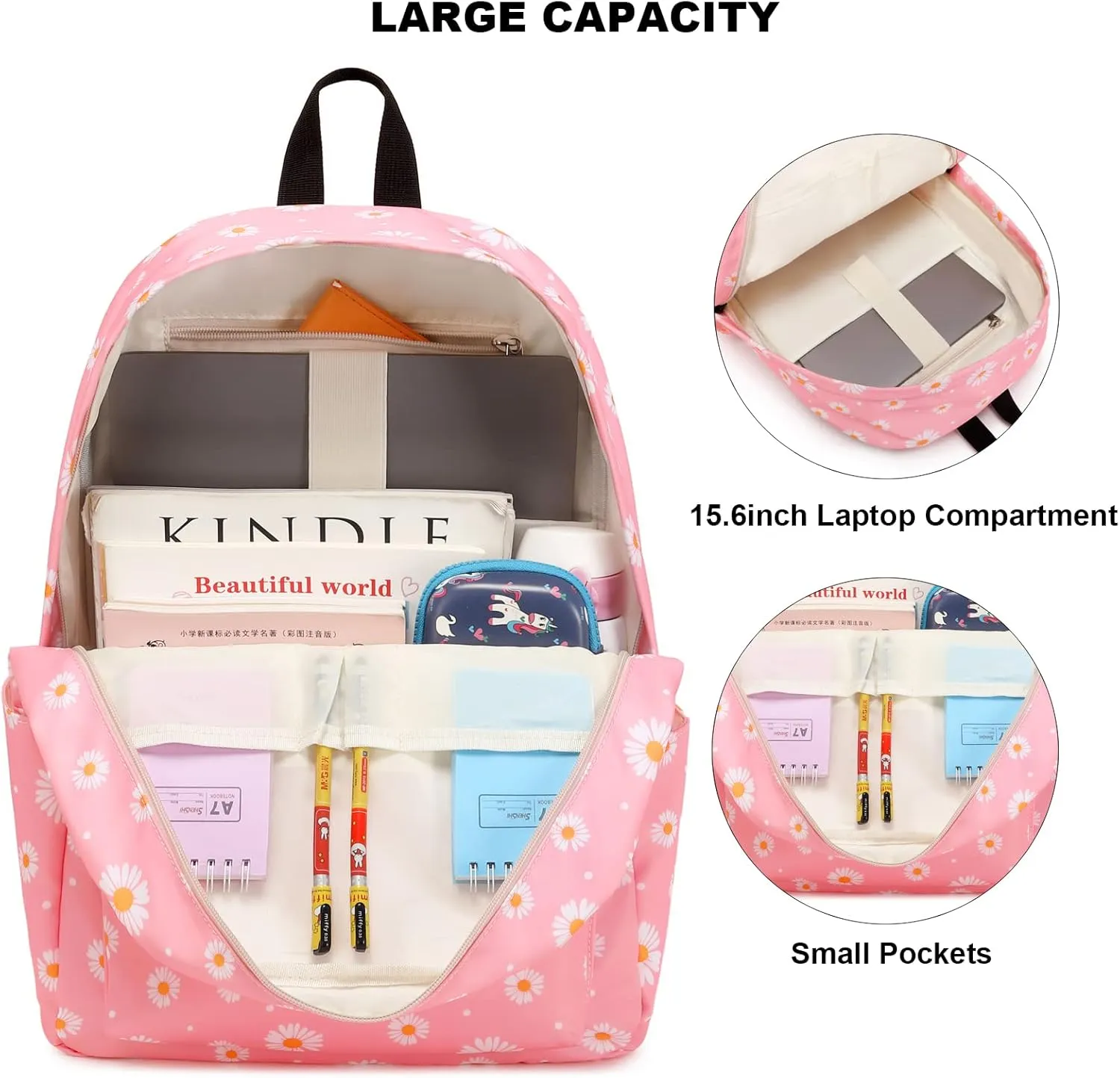 Daisy School Backpack for Girls Womens, School Bags Collge Bookbags Laptop Backpacks for Kids Teens Adults (Pink)