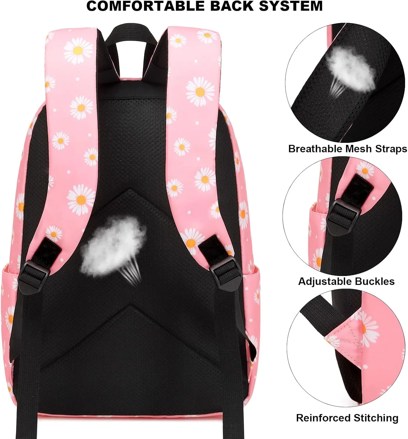 Daisy School Backpack for Girls Womens, School Bags Collge Bookbags Laptop Backpacks for Kids Teens Adults (Pink)
