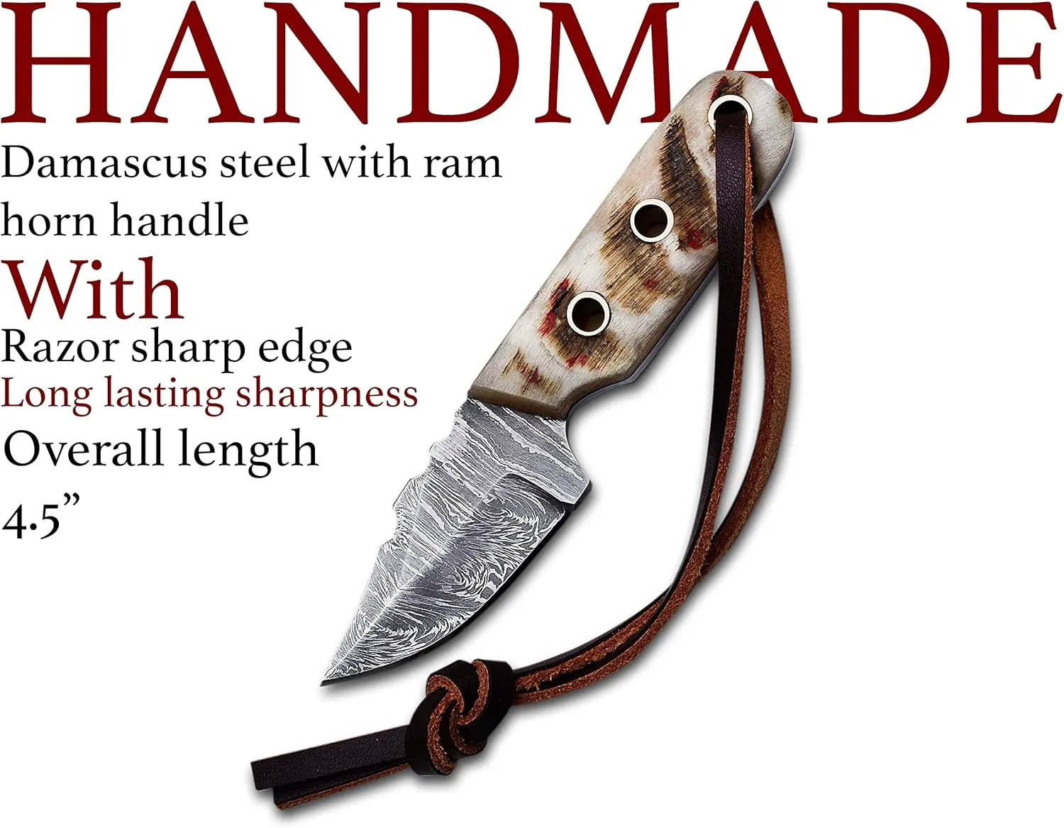 Damascus Steel EDC Knife 4.5inch Fixed Blade Mini Knife Skinning,Survival,Camping and Outdoor Enthusiasts Natural Handle and Leather Sheath Brand By Medieval supplies (RAM HORN)