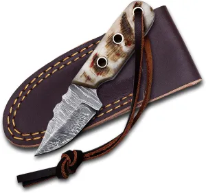 Damascus Steel EDC Knife 4.5inch Fixed Blade Mini Knife Skinning,Survival,Camping and Outdoor Enthusiasts Natural Handle and Leather Sheath Brand By Medieval supplies (RAM HORN)