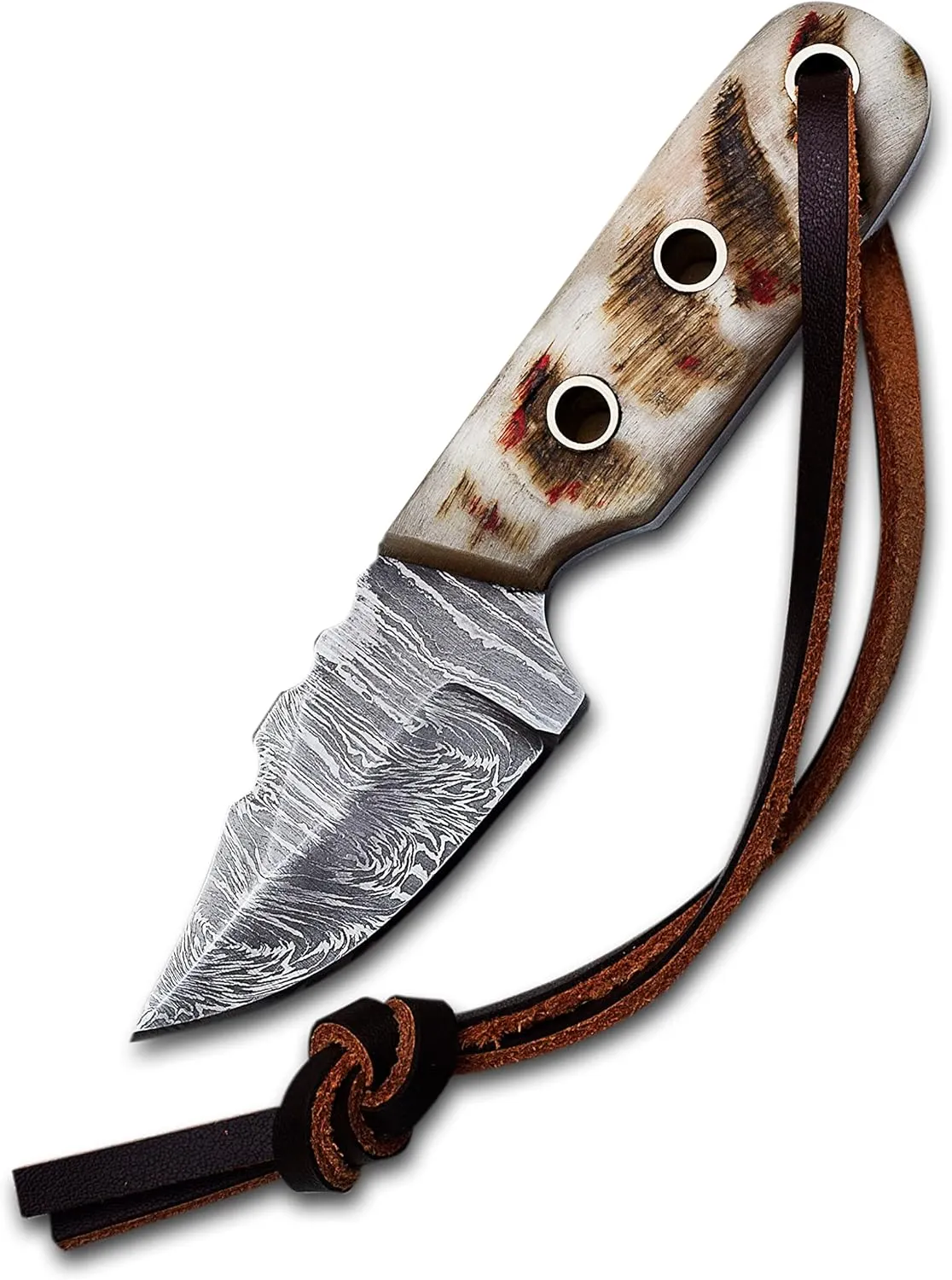 Damascus Steel EDC Knife 4.5inch Fixed Blade Mini Knife Skinning,Survival,Camping and Outdoor Enthusiasts Natural Handle and Leather Sheath Brand By Medieval supplies (RAM HORN)