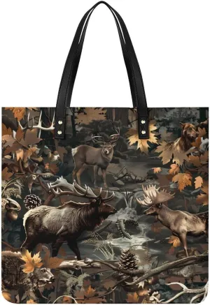 Deer Hunting Camouflage Bear Tote Bag for Women PU Leather Purses Handbags Shoulder Bag for Top Handle