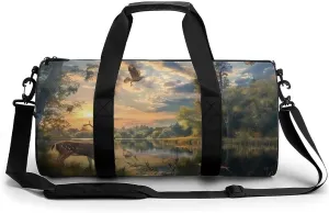 Deer Wildlife Hunting in Sunset Gym Bag Lightweight Carry On Duffel Bag Athletic Sports Travel Bag Weekender Bag for Men Women