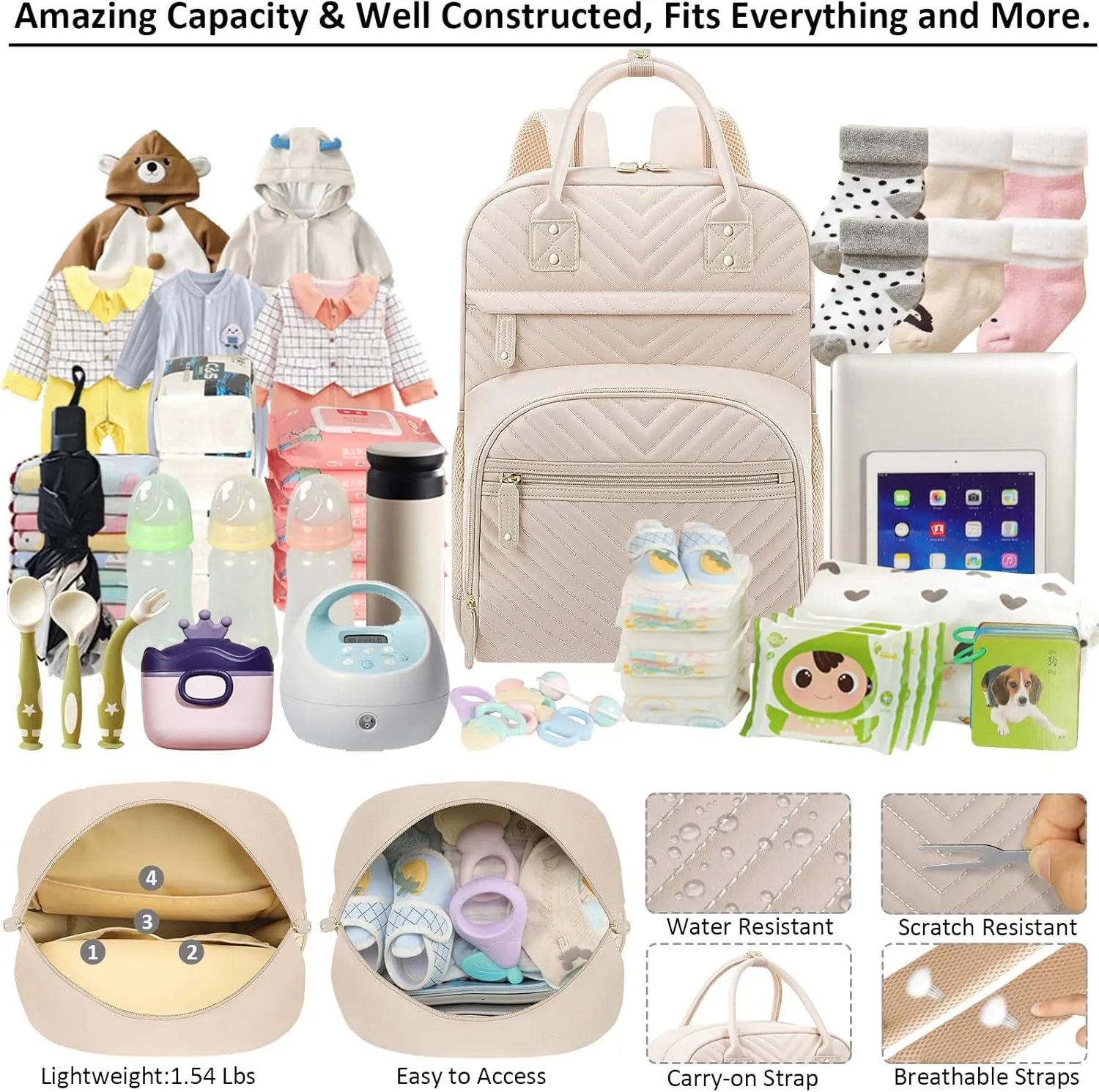 Diaper Bag Backpack Tote for Women Large Capacity, Baby Bag with Insulated Pockets Multifunctional Diaper Bags For Baby Girl Boy Waterproof Baby Bags For Boys Girls Maternity Bag Beige