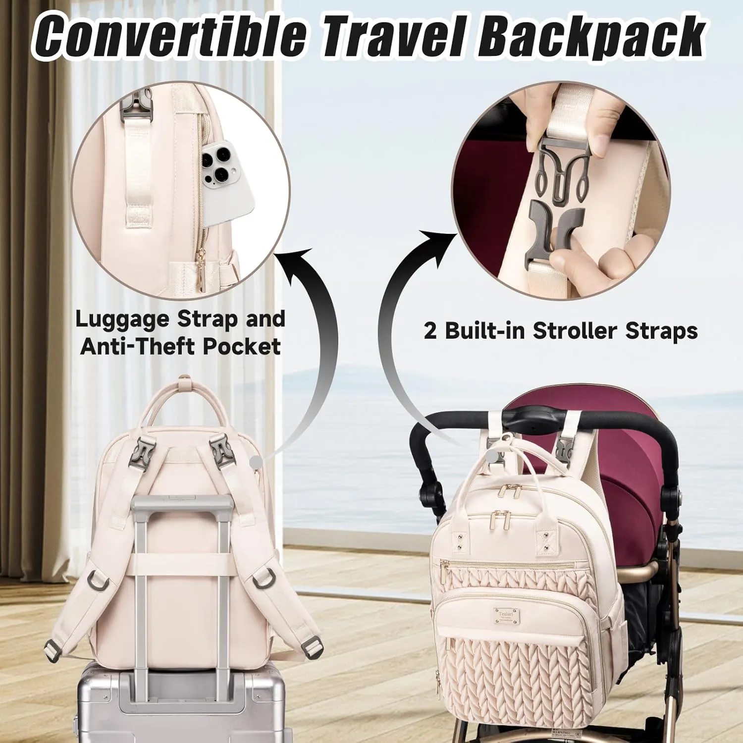 Diaper Bag Backpack,Stylish Baby Diaper Bag,Waterproof Travel Diaper Backpacks Baby Bags with Changing Pad,Stroller Straps,Insulated Pockets (Beige)