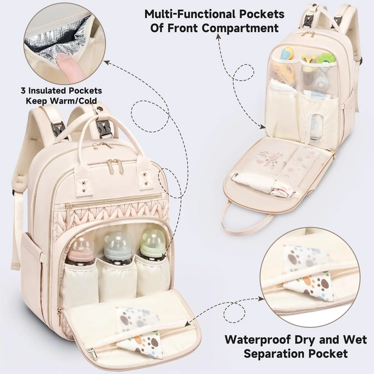 Diaper Bag Backpack,Stylish Baby Diaper Bag,Waterproof Travel Diaper Backpacks Baby Bags with Changing Pad,Stroller Straps,Insulated Pockets (Beige)