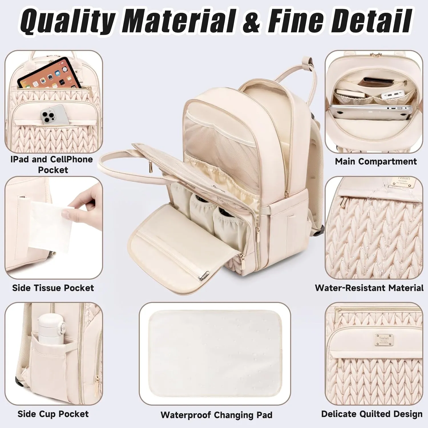 Diaper Bag Backpack,Stylish Baby Diaper Bag,Waterproof Travel Diaper Backpacks Baby Bags with Changing Pad,Stroller Straps,Insulated Pockets (Beige)