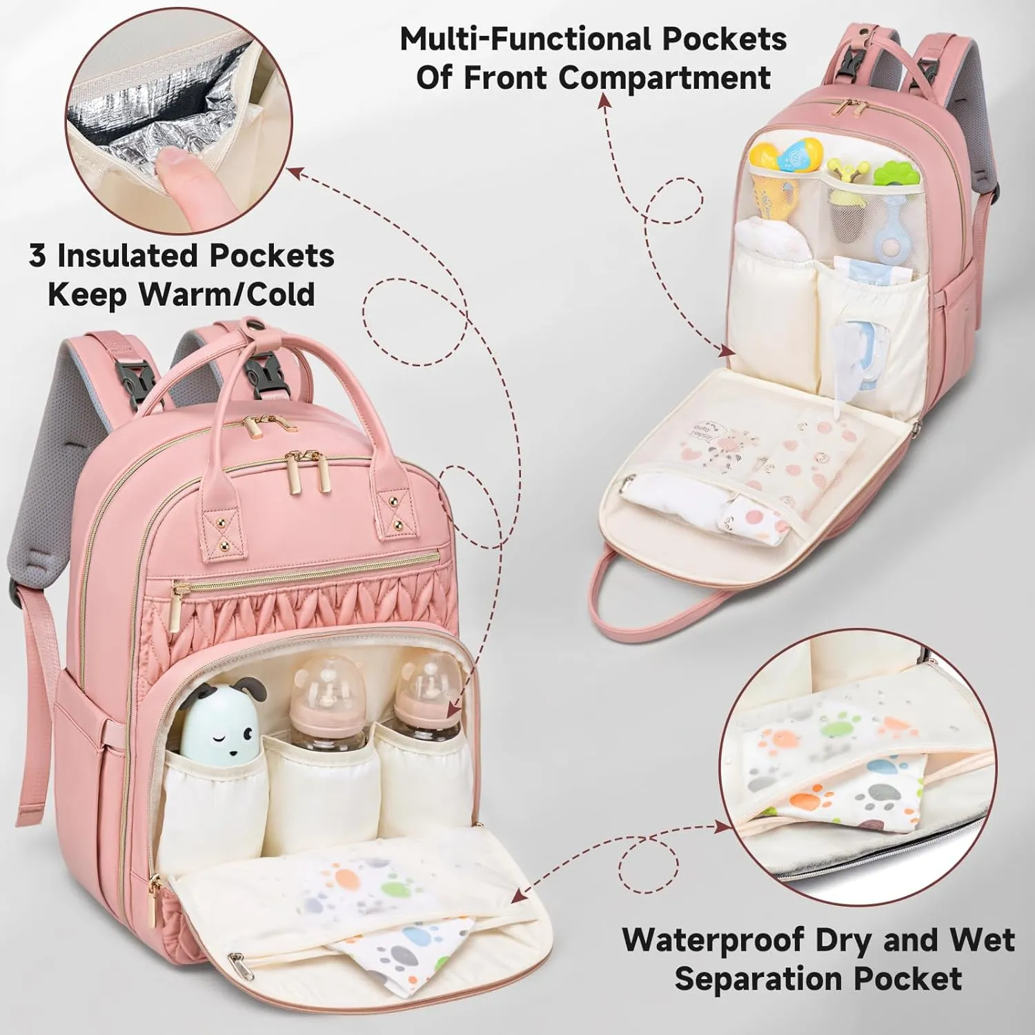 Diaper Bag Backpack,Stylish Baby Diaper Bag,Waterproof Travel Diaper Backpacks Baby Bags with Changing Pad,Stroller Straps,Insulated Pockets (Pink)