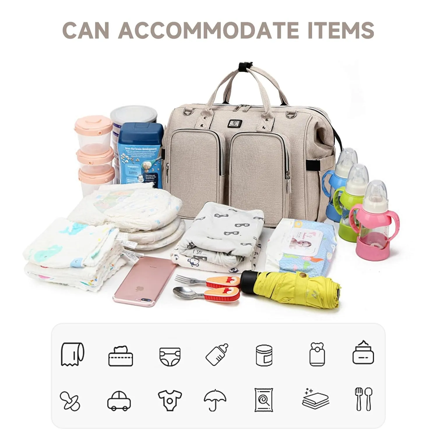 Diaper Bag Totes with Changing Pad & Stroller Straps, Large Portable Newborn Baby Bags, Unisex and Stylish Travel Diaper Backpacks for Mom and Dad (Beige)