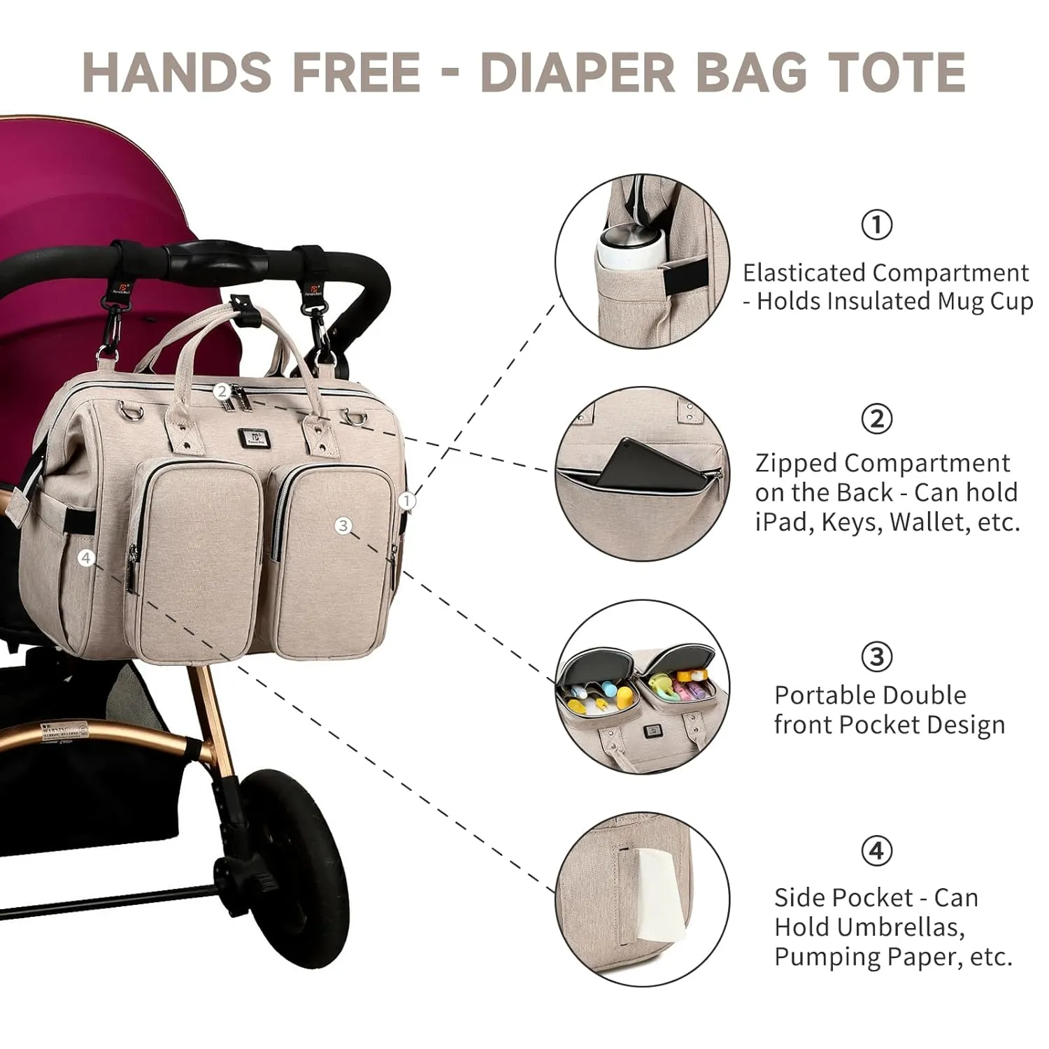 Diaper Bag Totes with Changing Pad & Stroller Straps, Large Portable Newborn Baby Bags, Unisex and Stylish Travel Diaper Backpacks for Mom and Dad (Beige)