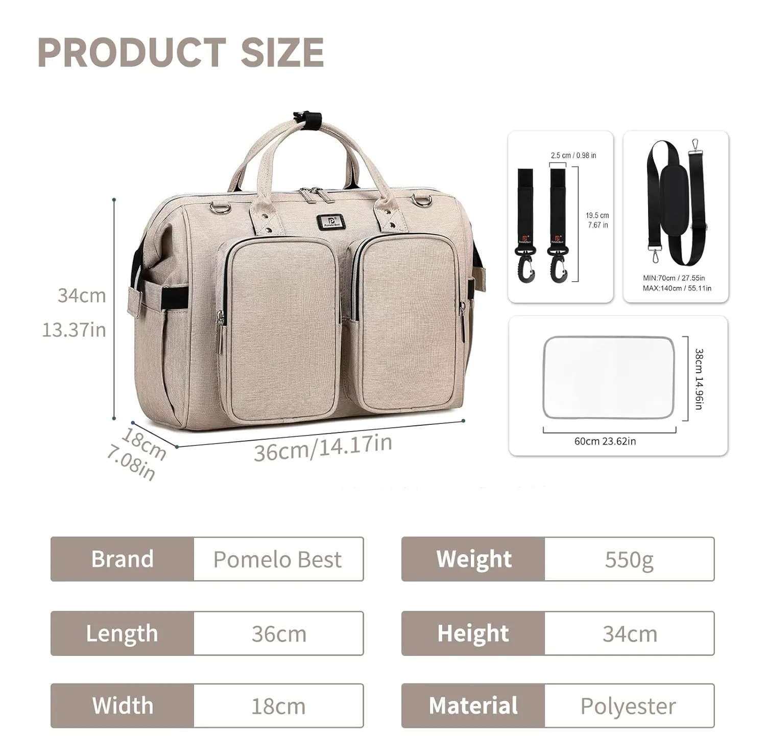 Diaper Bag Totes with Changing Pad & Stroller Straps, Large Portable Newborn Baby Bags, Unisex and Stylish Travel Diaper Backpacks for Mom and Dad (Beige)