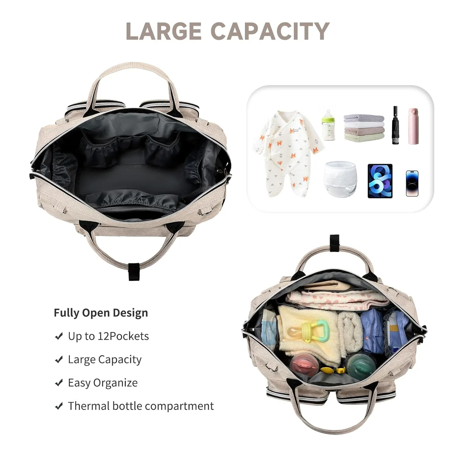Diaper Bag Totes with Changing Pad & Stroller Straps, Large Portable Newborn Baby Bags, Unisex and Stylish Travel Diaper Backpacks for Mom and Dad (Beige)