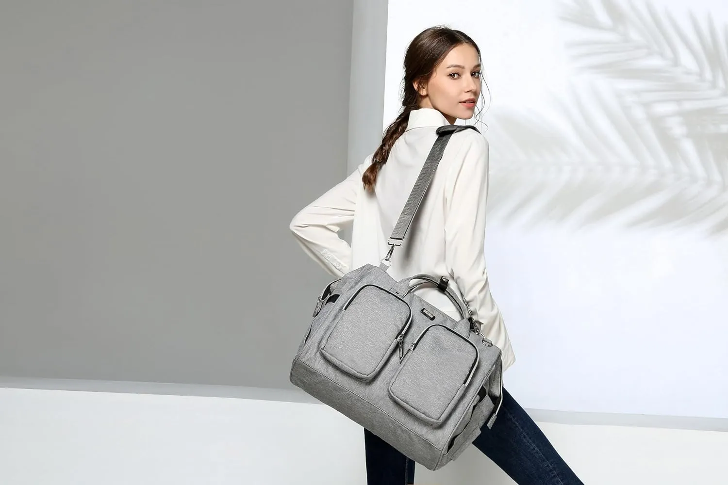 Diaper Bag Totes with Changing Pad & Stroller Straps, Large Portable Newborn Baby Bags, Unisex and Stylish Travel Diaper Backpacks for Mom and Dad (Light grey)