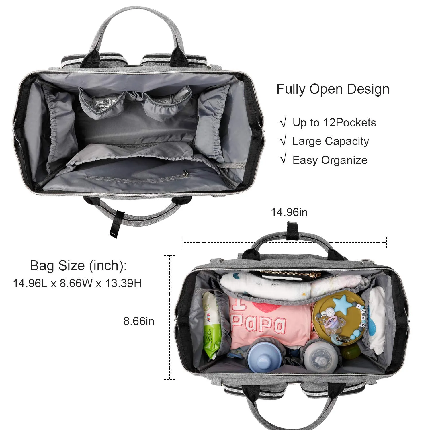Diaper Bag Totes with Changing Pad & Stroller Straps, Large Portable Newborn Baby Bags, Unisex and Stylish Travel Diaper Backpacks for Mom and Dad (Light grey)