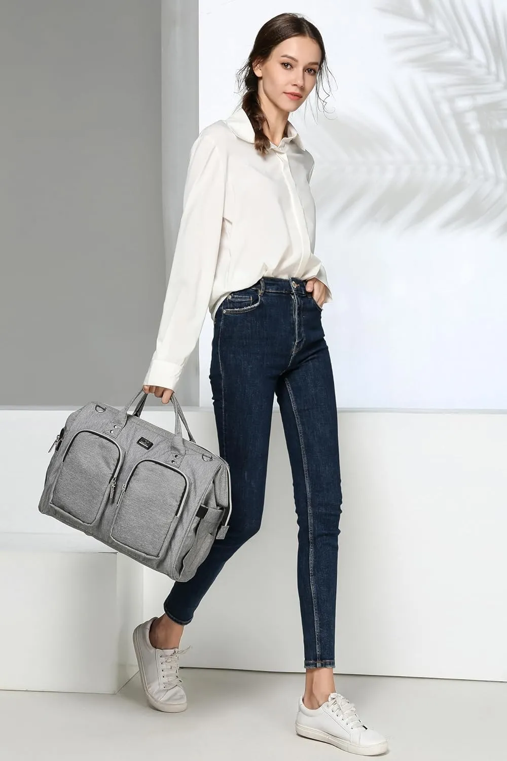 Diaper Bag Totes with Changing Pad & Stroller Straps, Large Portable Newborn Baby Bags, Unisex and Stylish Travel Diaper Backpacks for Mom and Dad (Light grey)