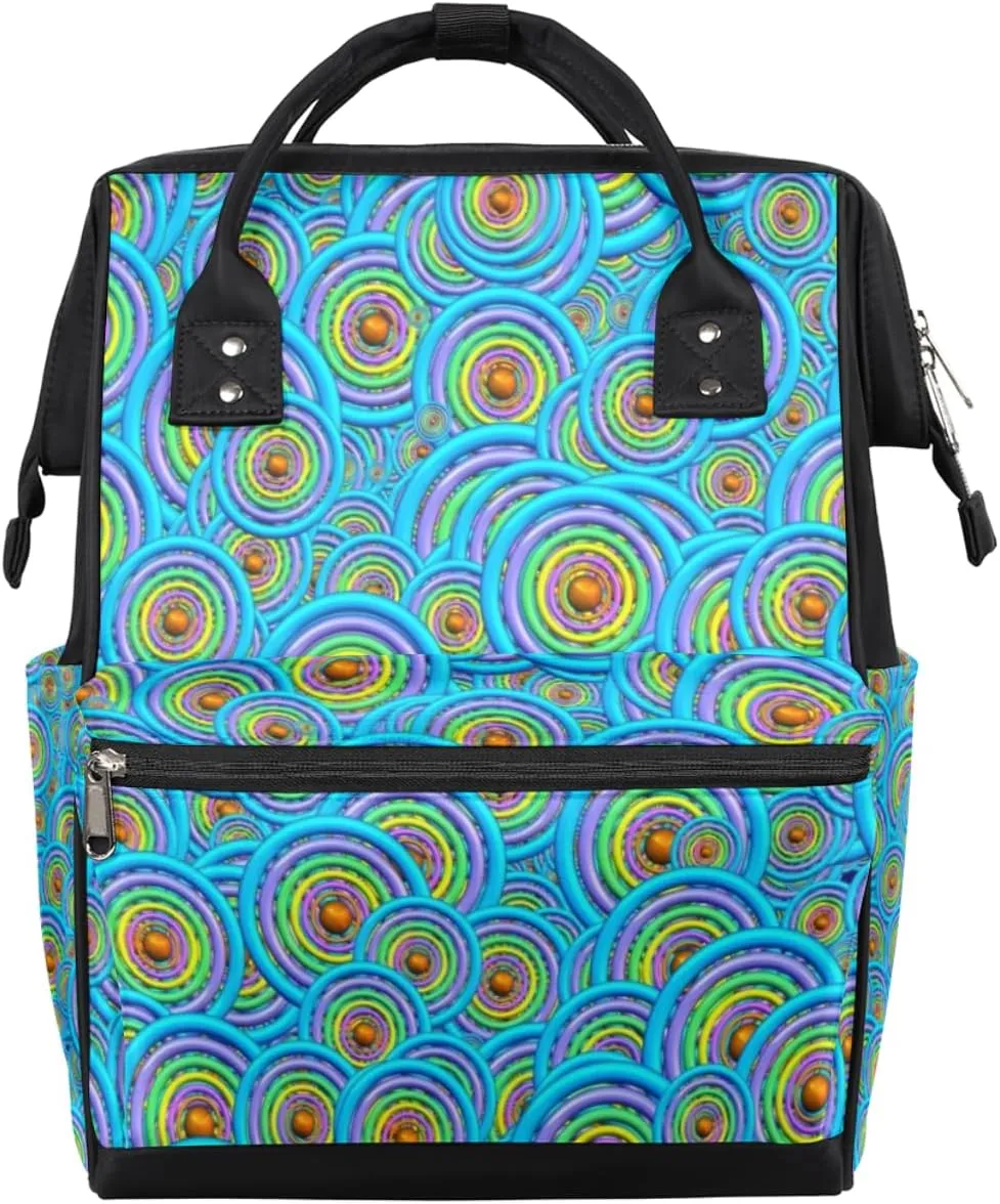 Digital Art Circles Round Diaper Bag Tote Large Capacity Waterproof with Adjustable Shoulder Strap and Pram Straps Mommy Bag for Hospital Beach Weekender Travel