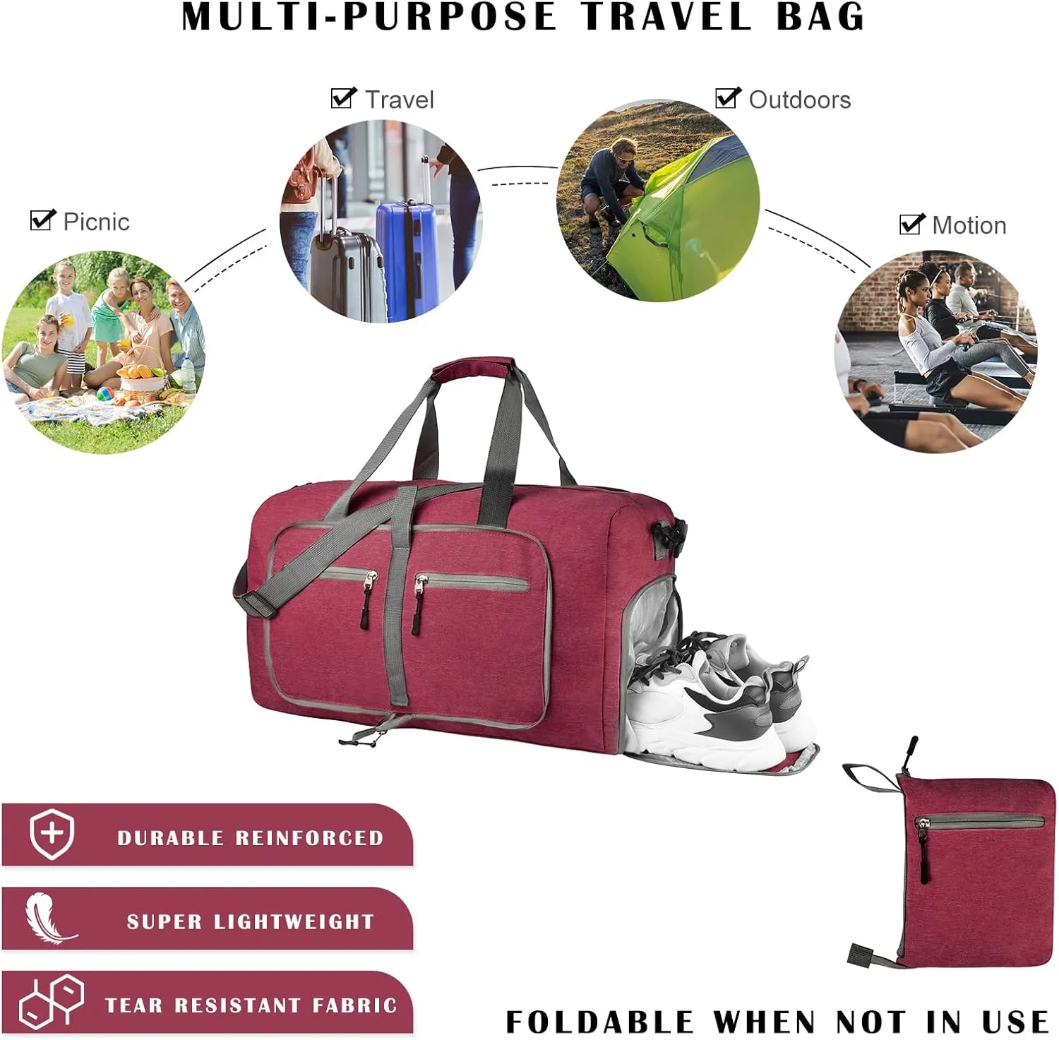 Dimayar 115L Travel Duffle Bag - Foldable Duffel Bag with Shoes Compartment - Overnight Bags Waterproof & Tear Resistant(Red)