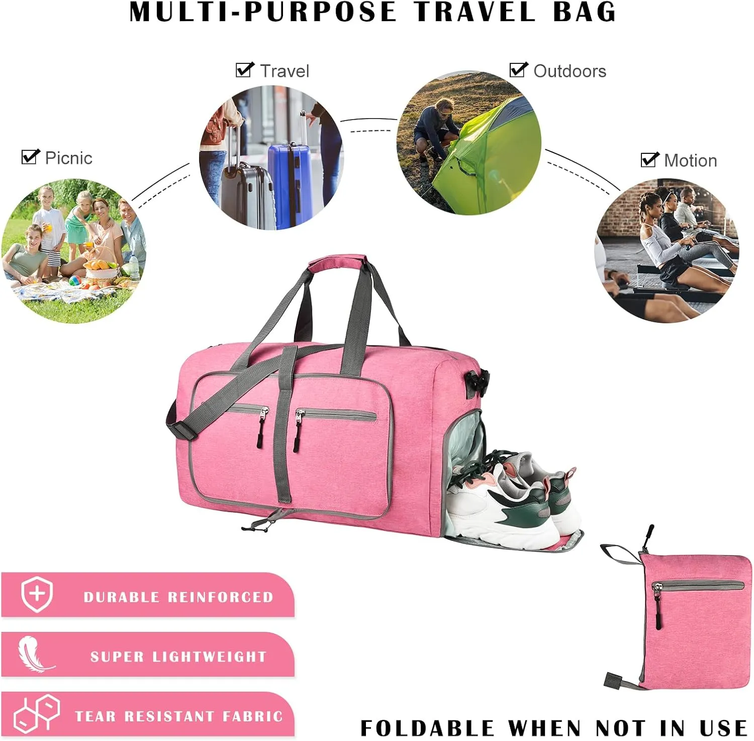 Dimayar 65L Travel Duffle Bag for Men Women - Foldable Duffel Bag with Shoes Compartment - Overnight Bags Waterproof & Tear Resistant(Pink)