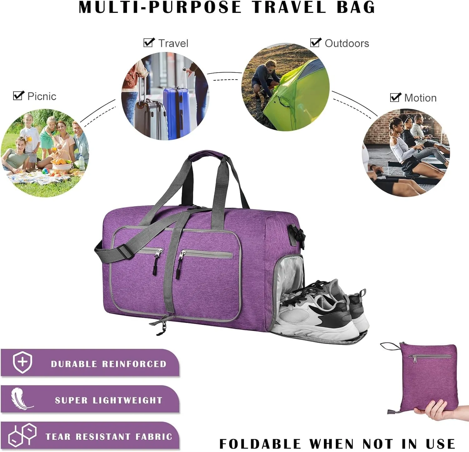 Dimayar 65L Travel Duffle Bag with Toiletry Bags - Foldable Duffel Bag with Shoes Compartment - Overnight Bags Waterproof & Tear Resistant(65L,Purple   two toiletry bags)