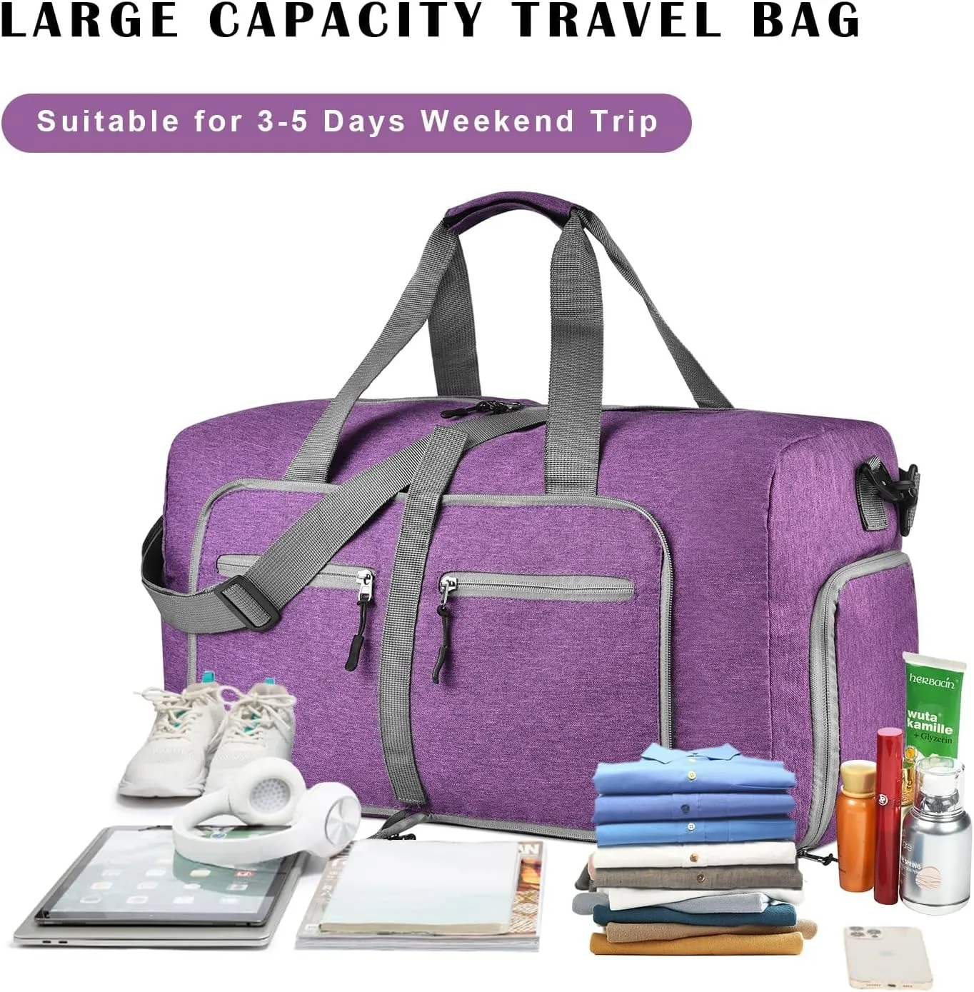 Dimayar 65L Travel Duffle Bag with Toiletry Bags - Foldable Duffel Bag with Shoes Compartment - Overnight Bags Waterproof & Tear Resistant(65L,Purple   two toiletry bags)