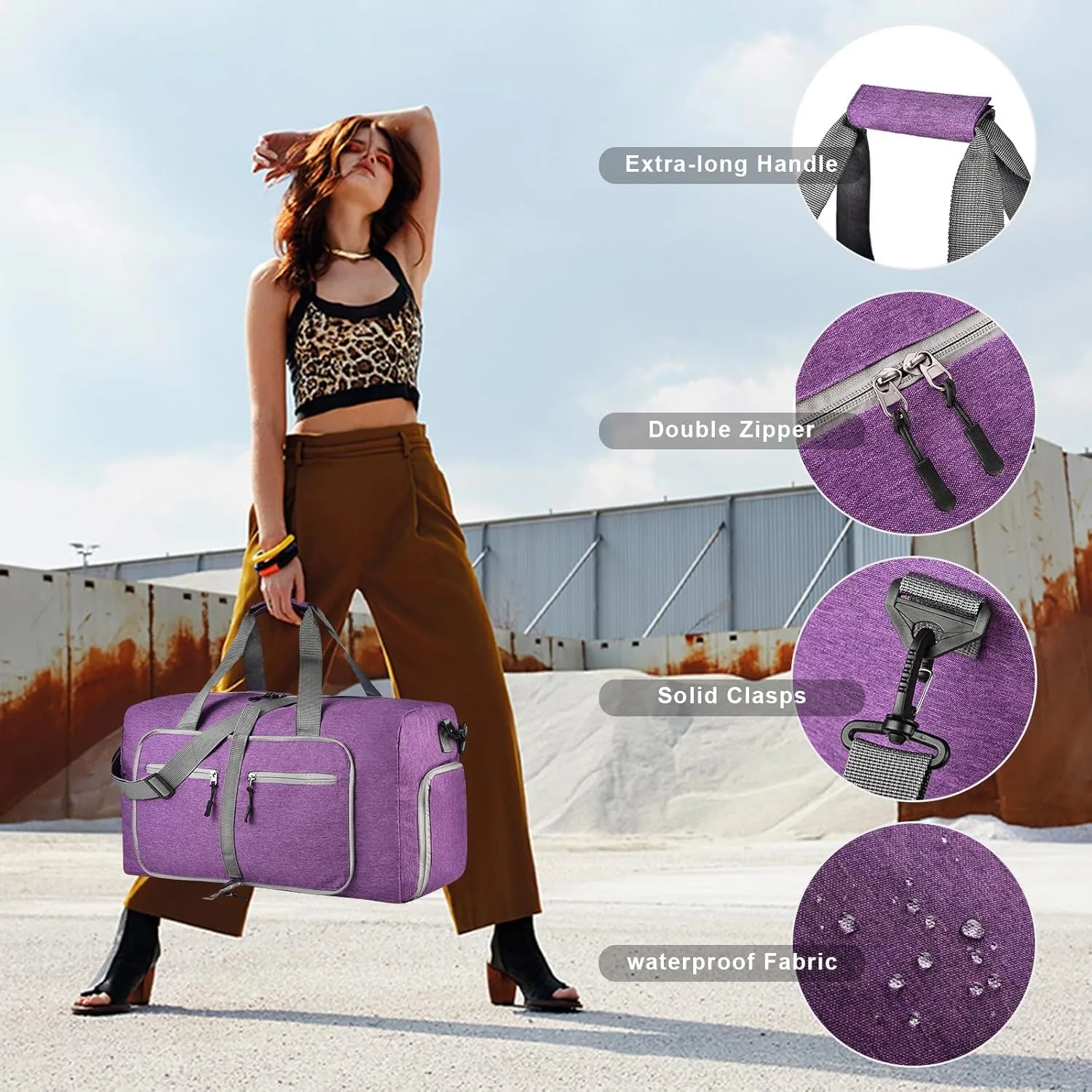 Dimayar 65L Travel Duffle Bag with Toiletry Bags - Foldable Duffel Bag with Shoes Compartment - Overnight Bags Waterproof & Tear Resistant(65L,Purple   two toiletry bags)
