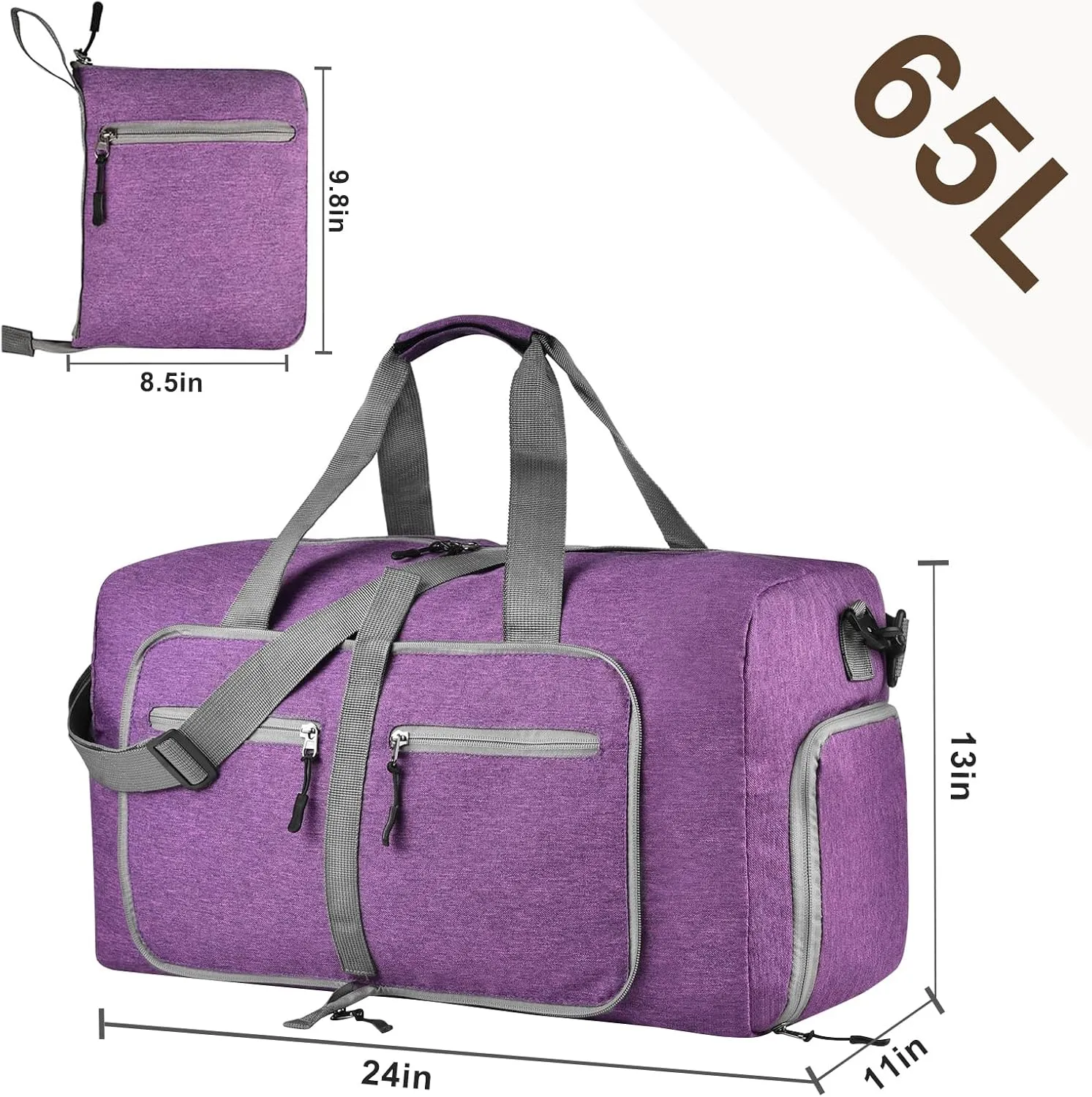 Dimayar 65L Travel Duffle Bag with Toiletry Bags - Foldable Duffel Bag with Shoes Compartment - Overnight Bags Waterproof & Tear Resistant(65L,Purple   two toiletry bags)