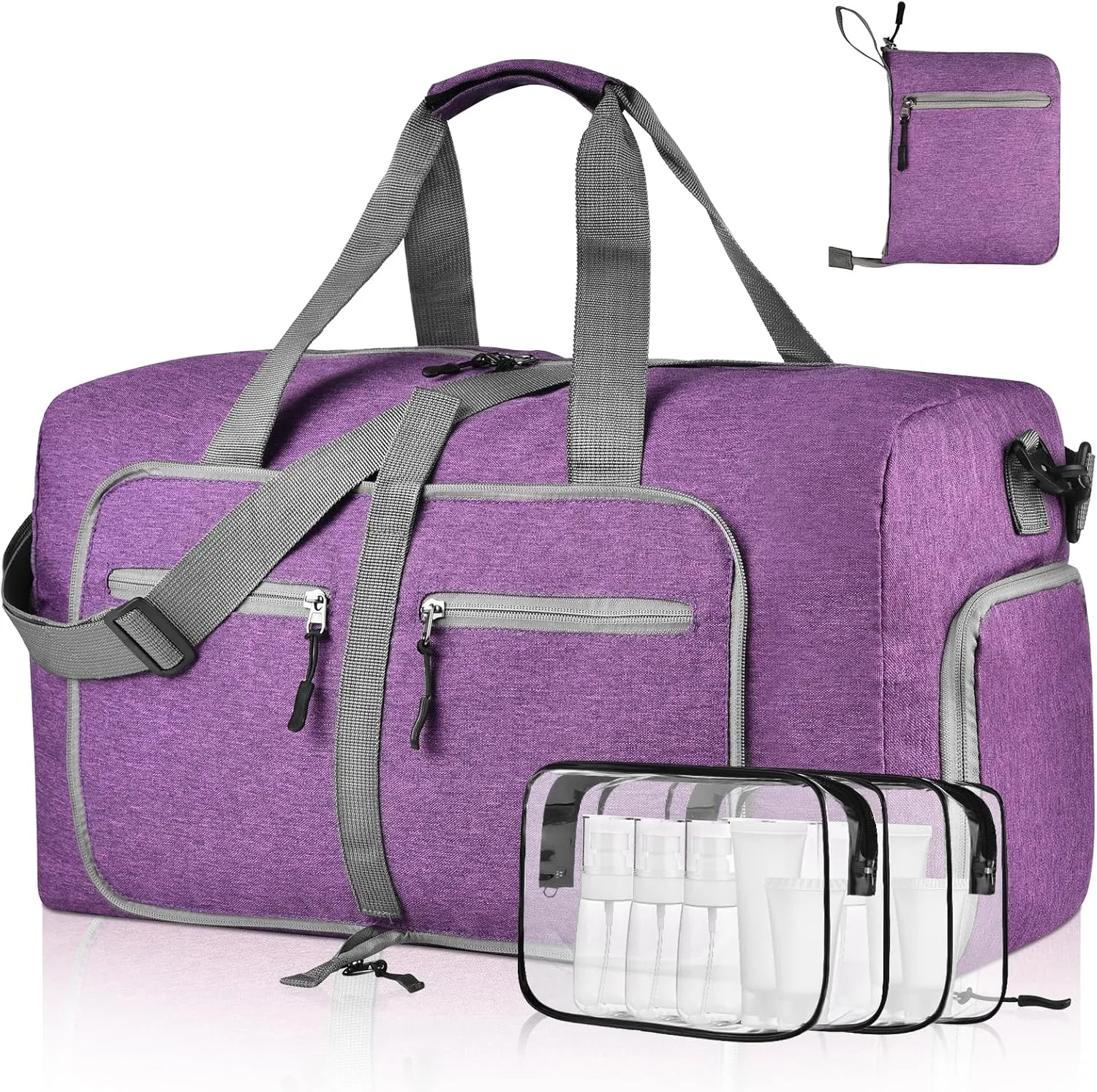 Dimayar 65L Travel Duffle Bag with Toiletry Bags - Foldable Duffel Bag with Shoes Compartment - Overnight Bags Waterproof & Tear Resistant(65L,Purple   two toiletry bags)