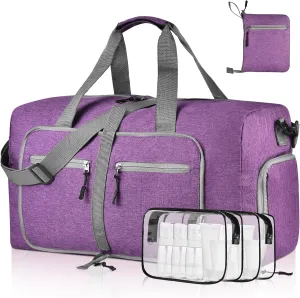Dimayar 65L Travel Duffle Bag with Toiletry Bags - Foldable Duffel Bag with Shoes Compartment - Overnight Bags Waterproof & Tear Resistant(65L,Purple   two toiletry bags)