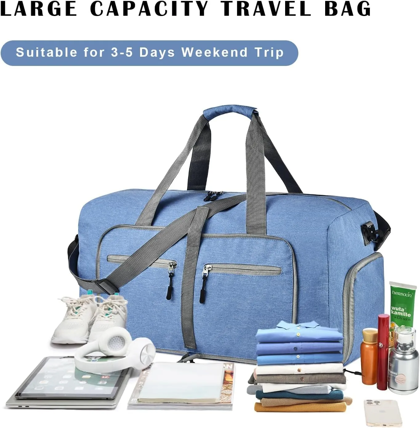Dimayar 85L Travel Duffle Bag - Foldable Duffel Bag with Shoes Compartment - Overnight Bags Waterproof & Tear Resistant(Blue)