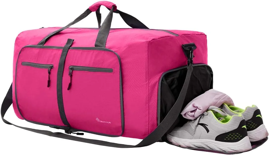 Dimayar Travel Duffle Bag for Men Women - Foldable Duffel Bag with Shoes Compartment - Overnight Bags Waterproof & Tear Resistant(40L,Fuchsine)