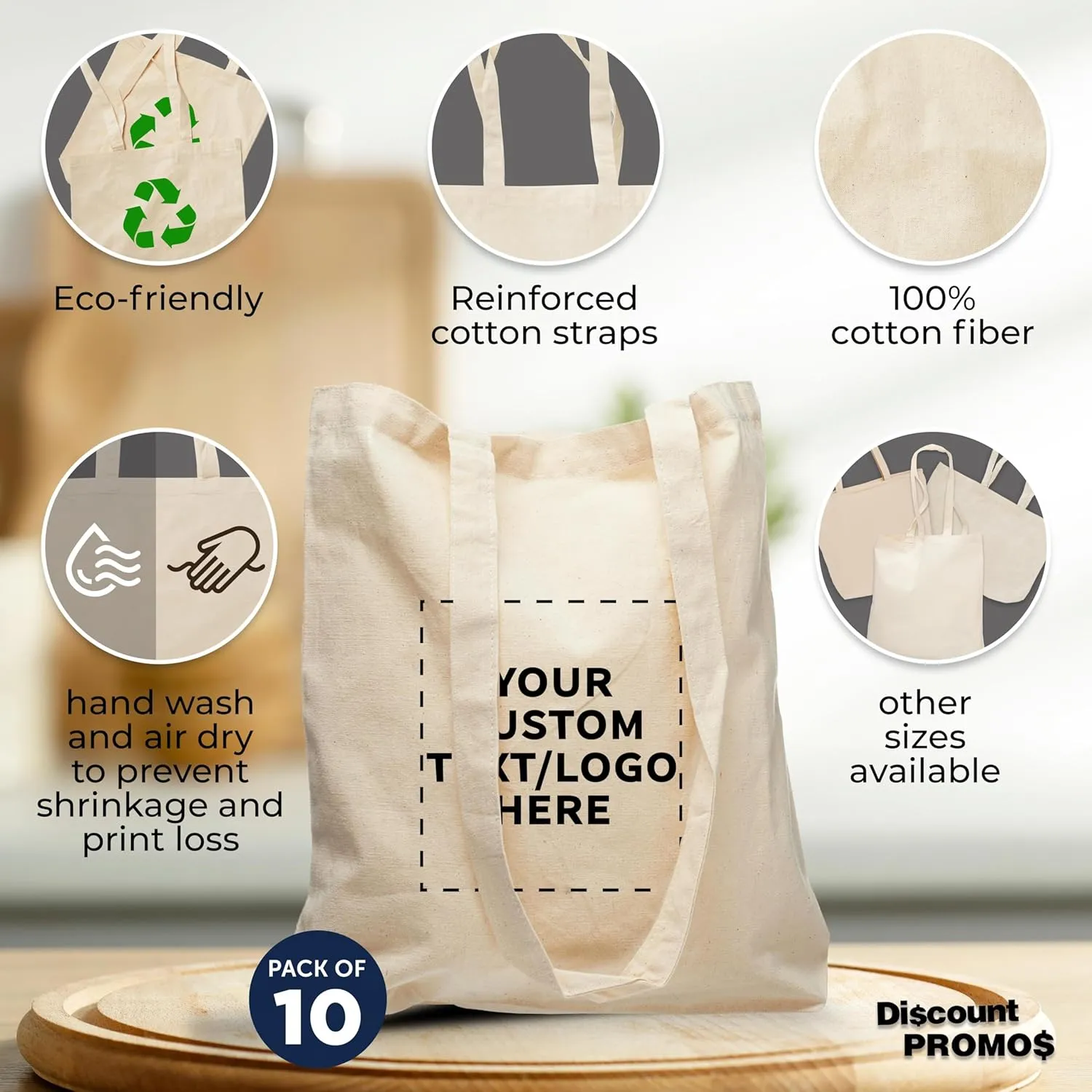 DISCOUNT PROMOS Custom Cotton Tote Bags (Set of 10) - Personalized, Reusable & Eco-Friendly - Perfect for Grocery, Promotions, Branding - Natural Color, 13.5"X14.25", 5 OZ Cotton