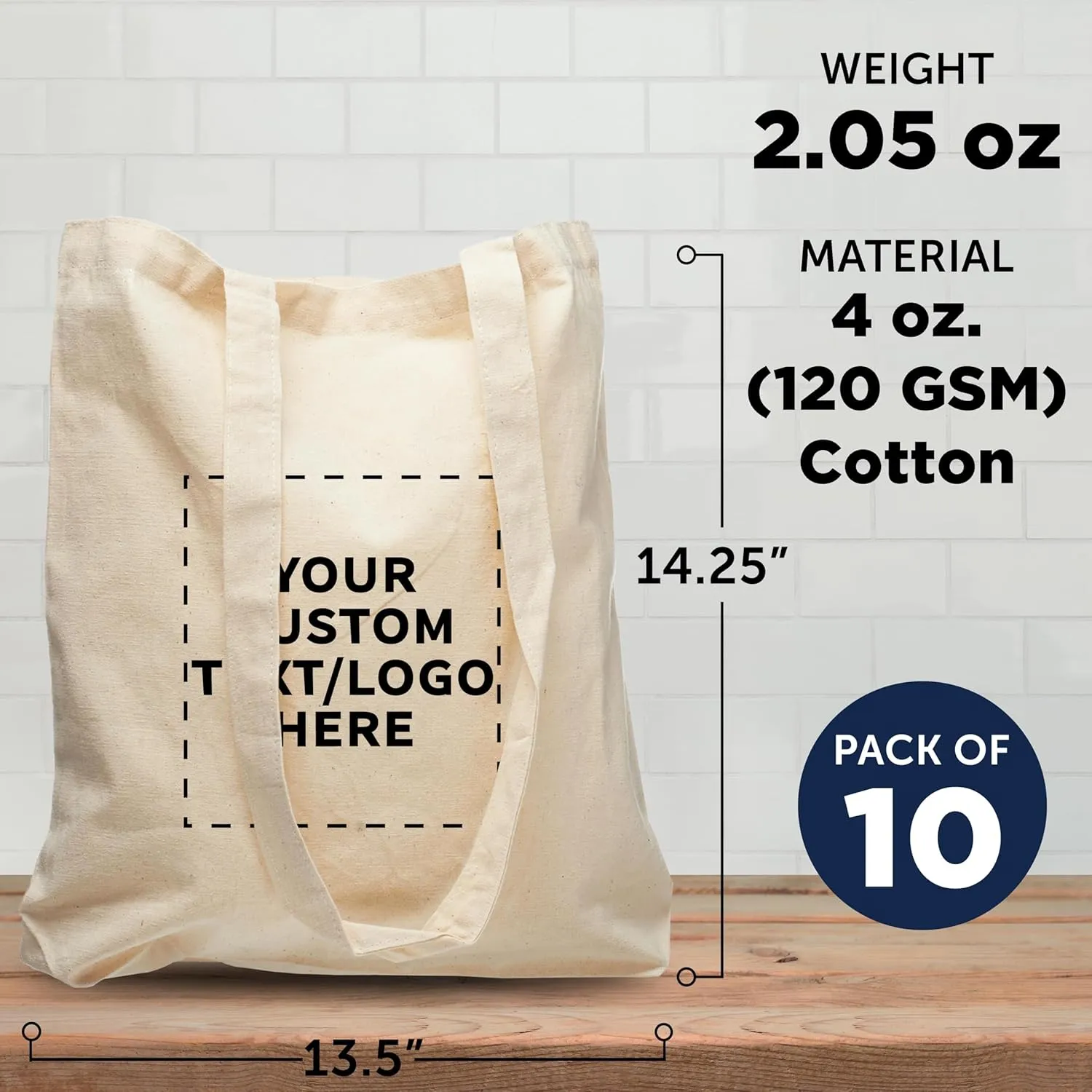DISCOUNT PROMOS Custom Cotton Tote Bags (Set of 10) - Personalized, Reusable & Eco-Friendly - Perfect for Grocery, Promotions, Branding - Natural Color, 13.5"X14.25", 5 OZ Cotton