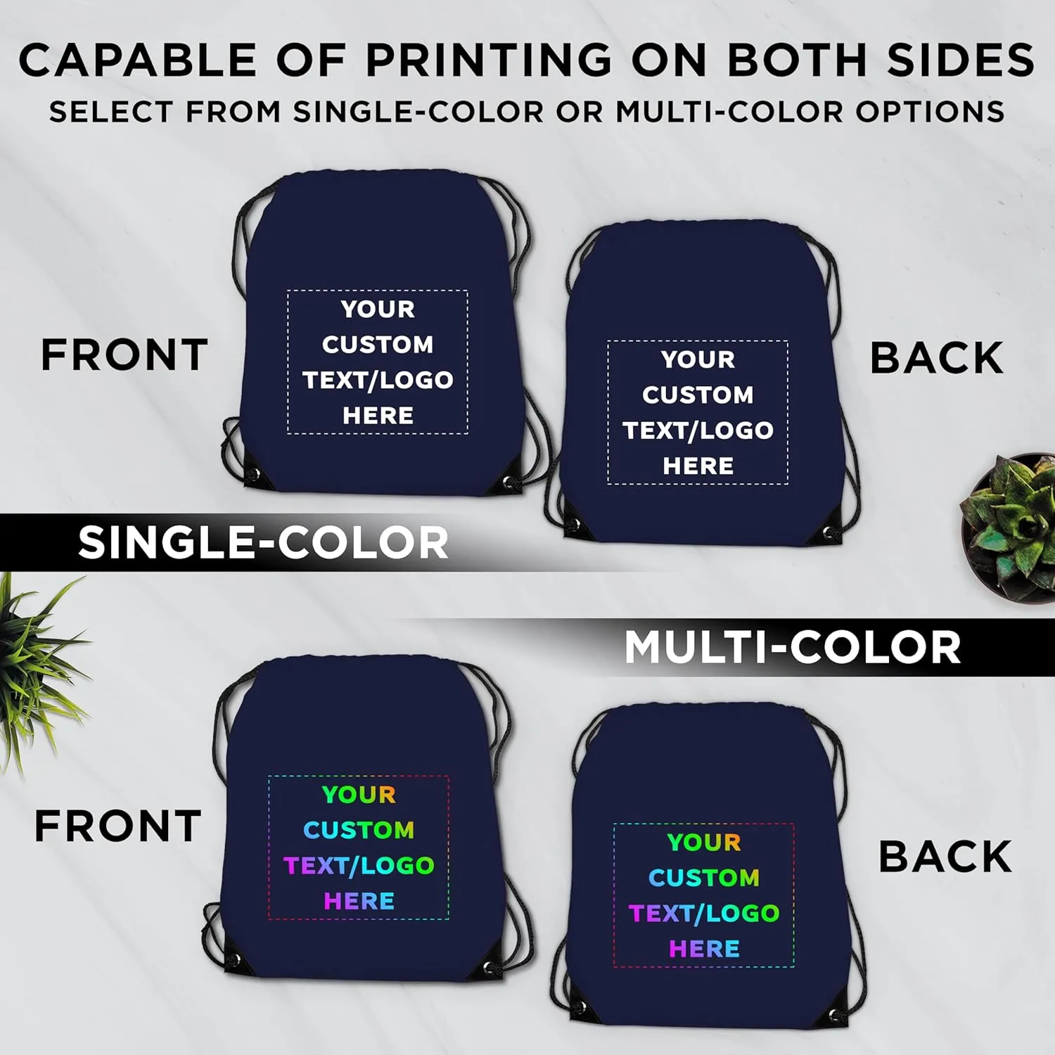 DISCOUNT PROMOS Custom Drawstring Backpack with Black Trim Set of 10, Personalized Bulk Pack - Water Resistant, Perfect for Gym, Camping, Beach, Outdoor Sports - Navy Blue